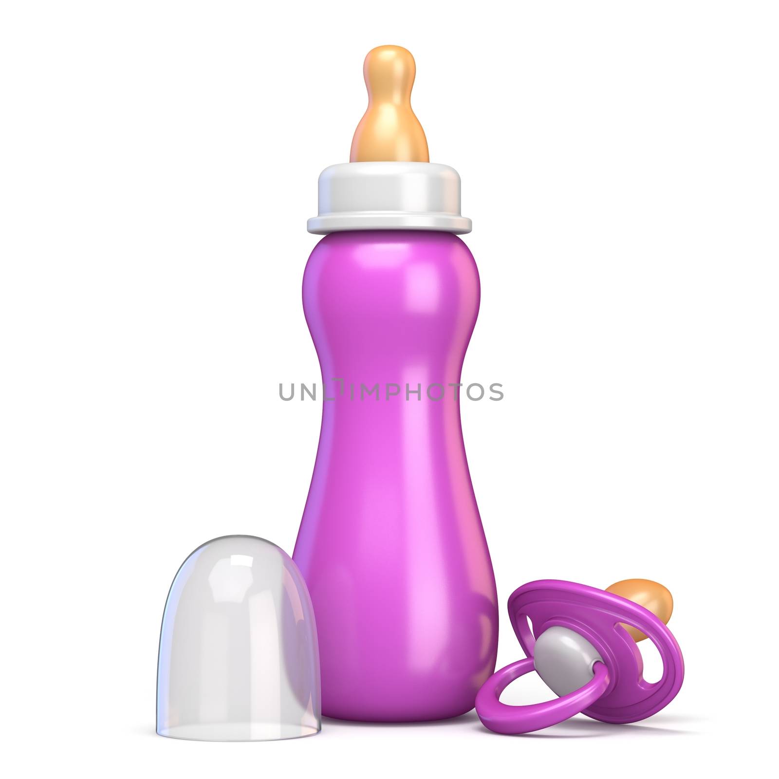 Pink baby bottle and pacifier 3D rendering illustration isolated on white background