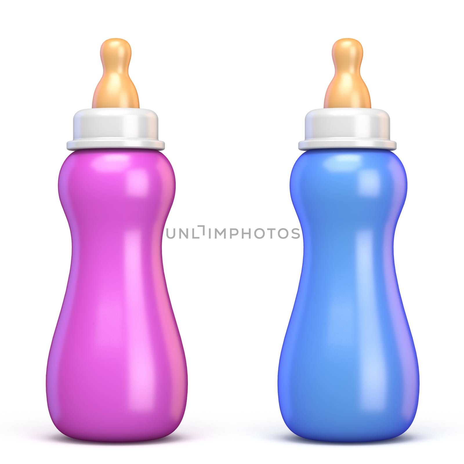 Pink and blue baby bottle 3D rendering illustration isolated on white background