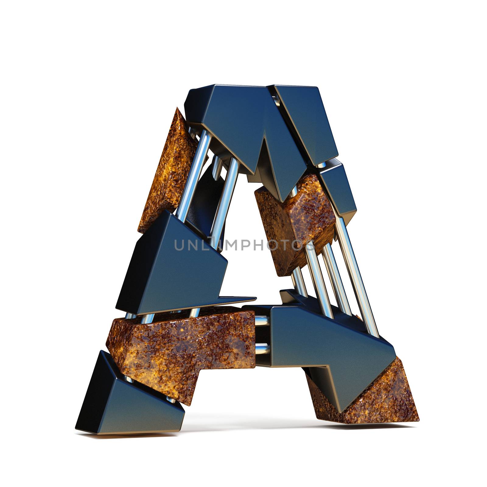 Black brown fracture font LETTER A 3D rendering illustration isolated on white background