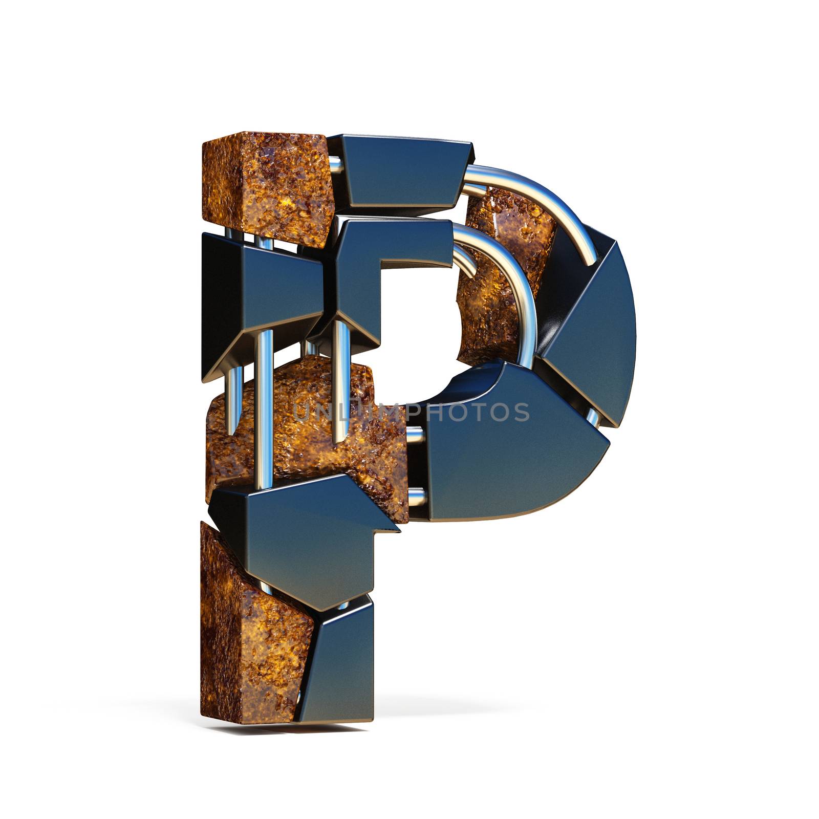 Black brown fracture font LETTER P 3D rendering illustration isolated on white background