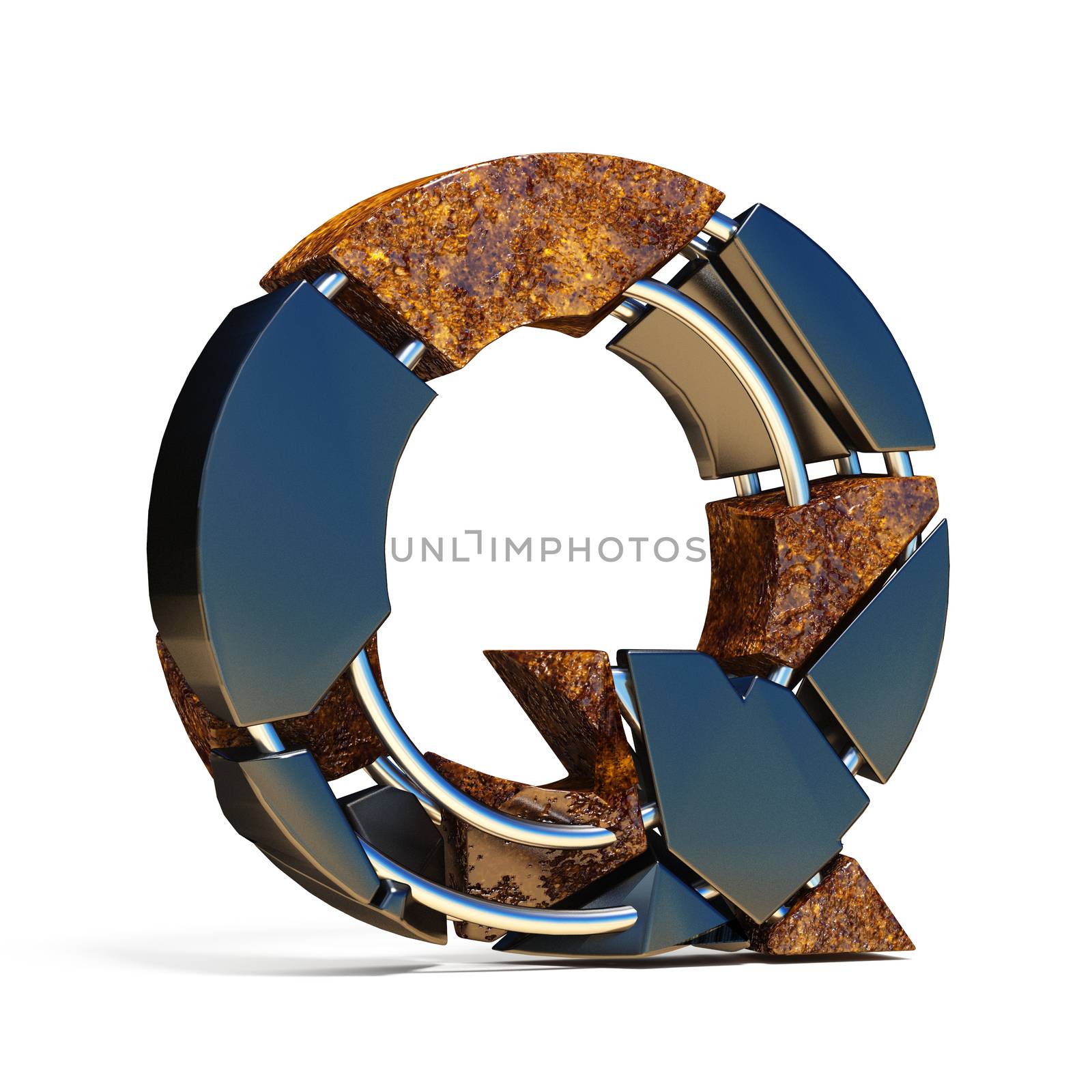 Black brown fracture font LETTER Q 3D rendering illustration isolated on white background