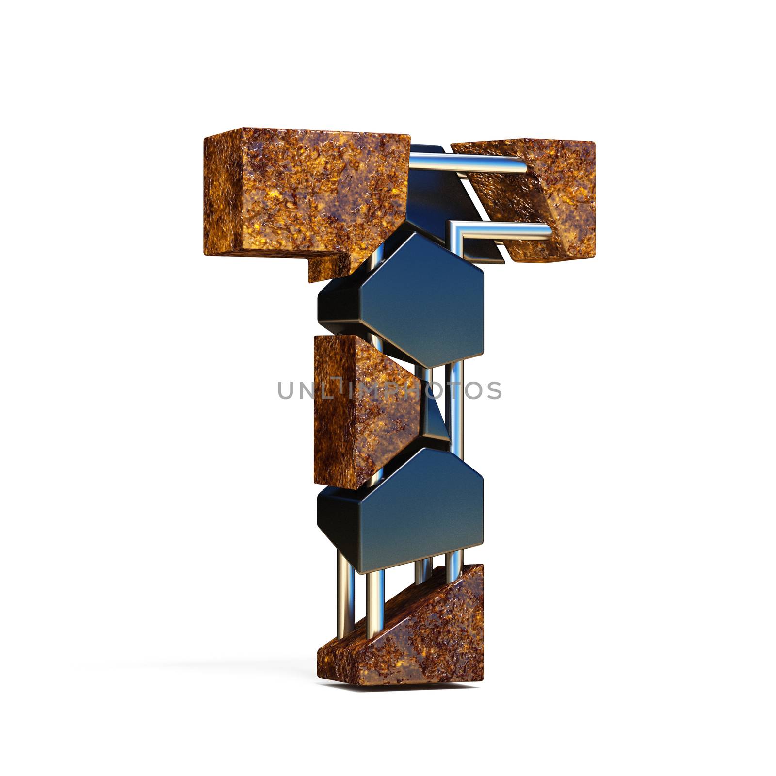 Black brown fracture font LETTER T 3D rendering illustration isolated on white background