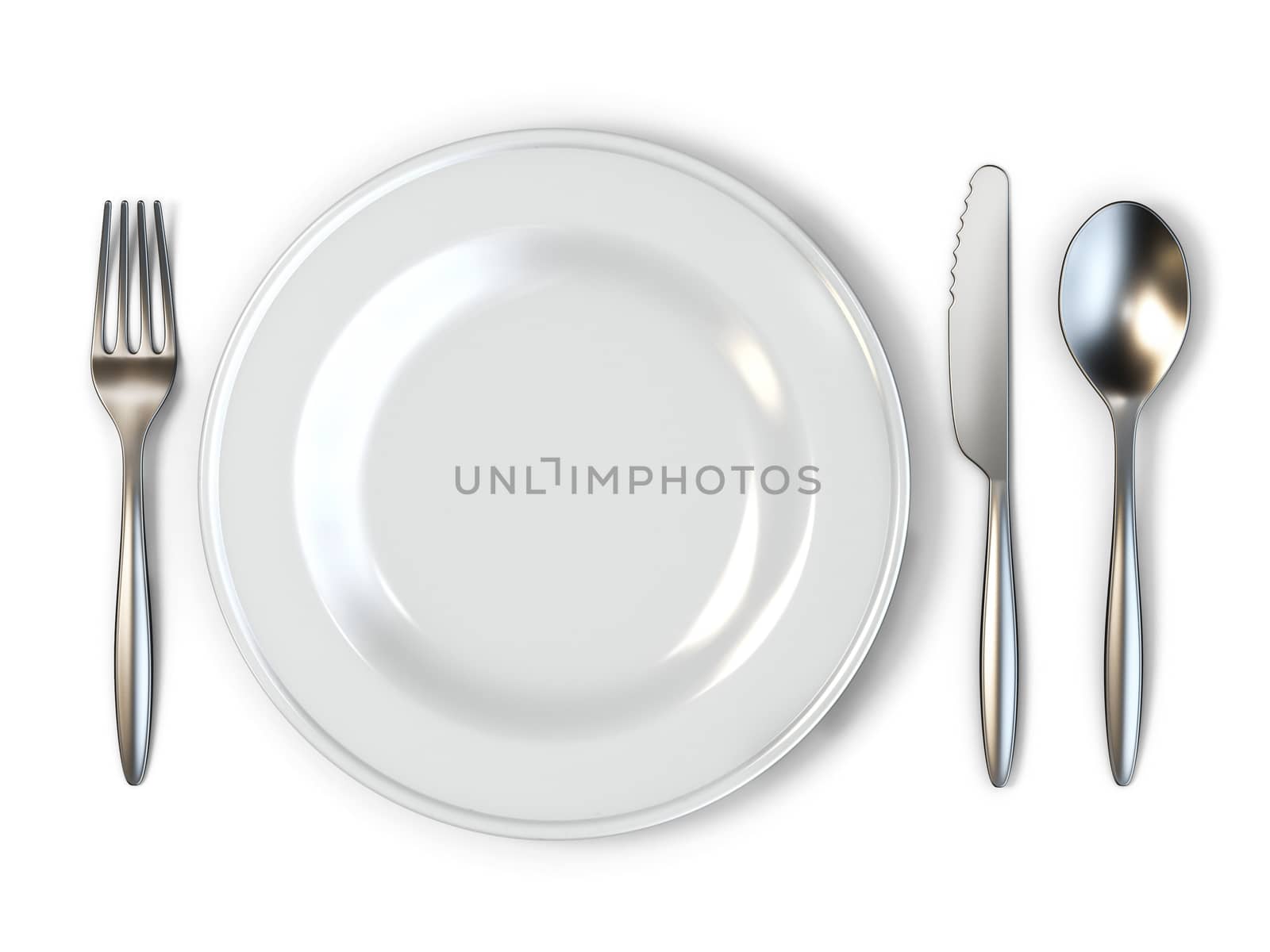 Plate, fork, knife and spoon 3D rendering illustration isolated on white background