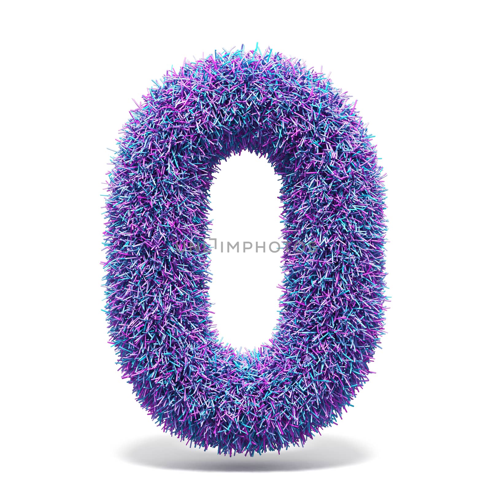 Purple faux fur LETTER O 3D render illustration isolated on white background