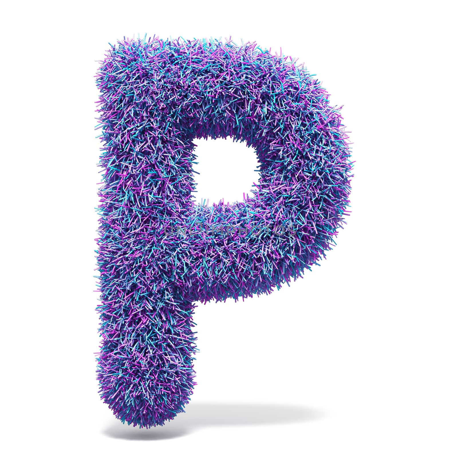 Purple faux fur LETTER P 3D render illustration isolated on white background