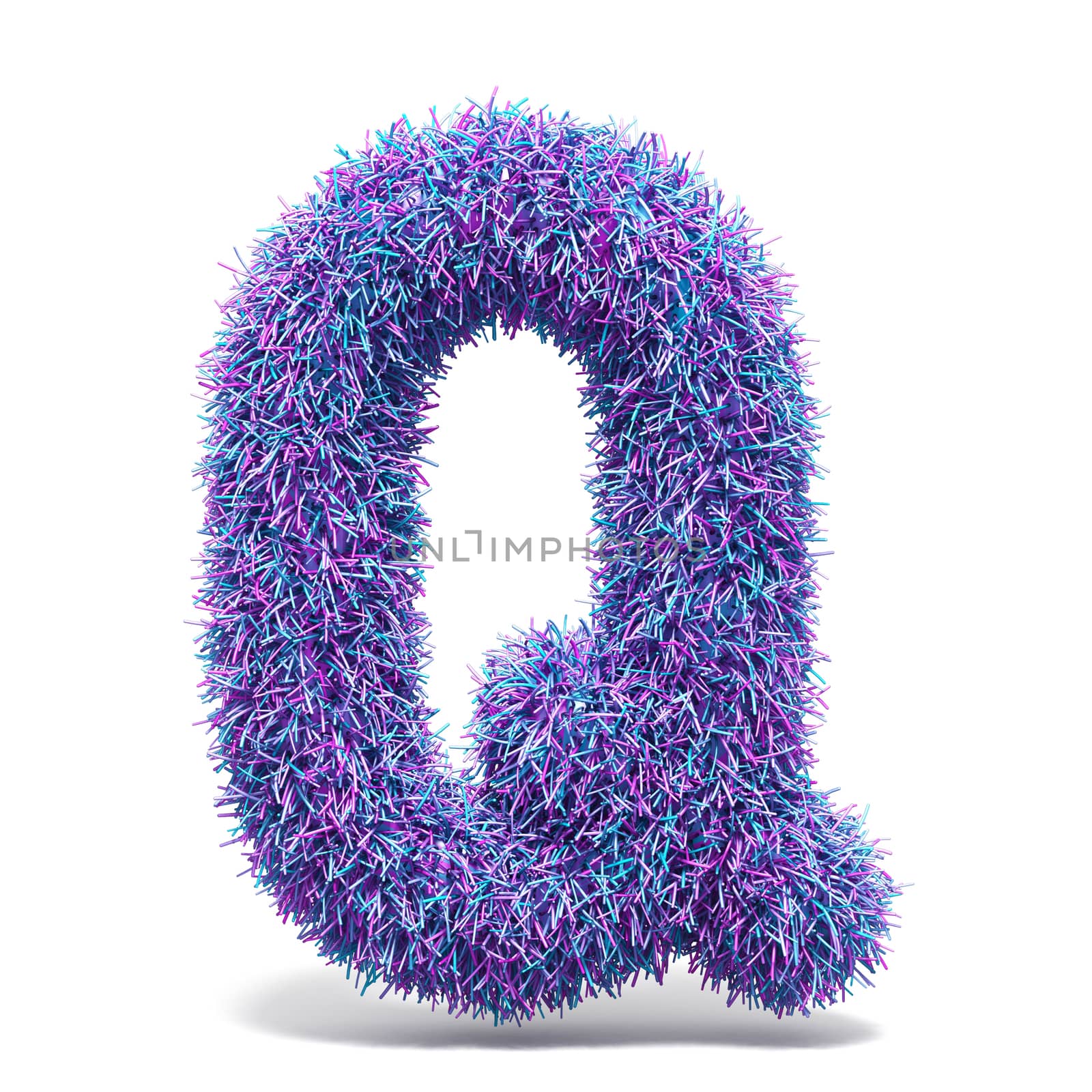 Purple faux fur LETTER Q 3D render illustration isolated on white background