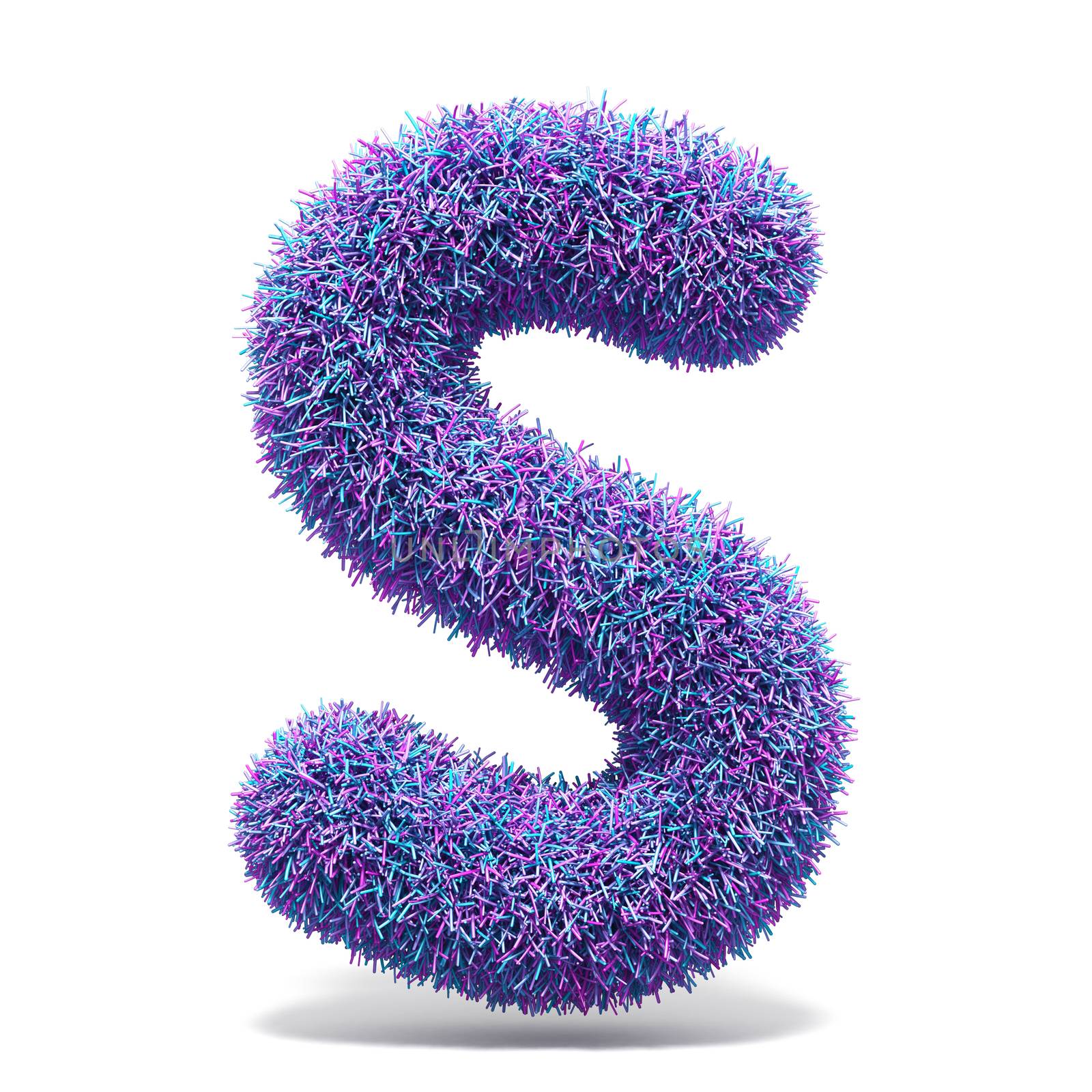 Purple faux fur LETTER S 3D render illustration isolated on white background