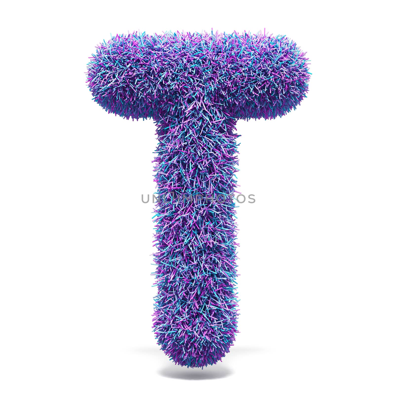 Purple faux fur LETTER T 3D render illustration isolated on white background
