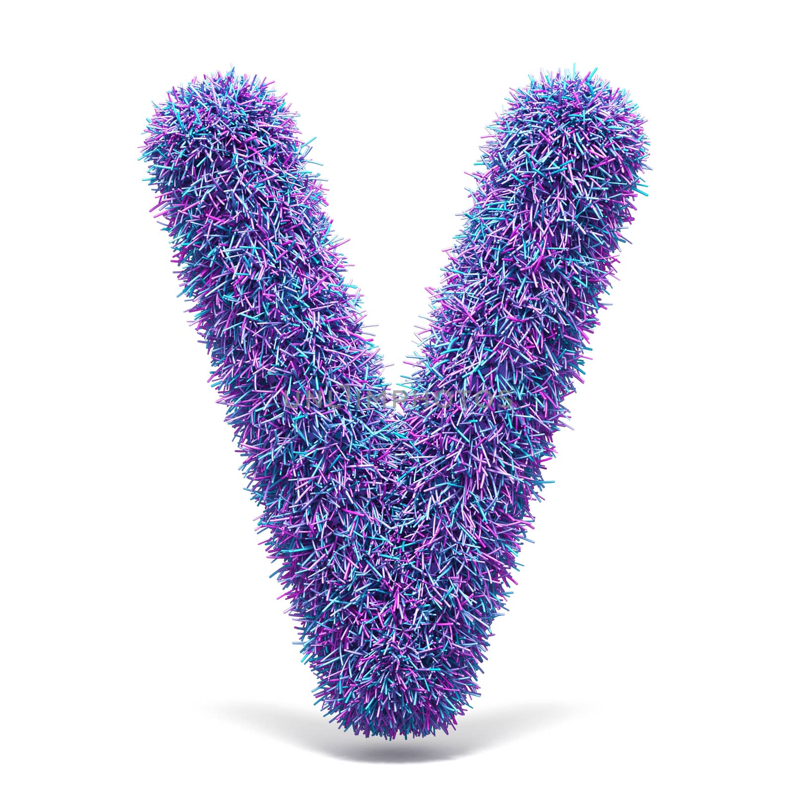 Purple faux fur LETTER V 3D render illustration isolated on white background