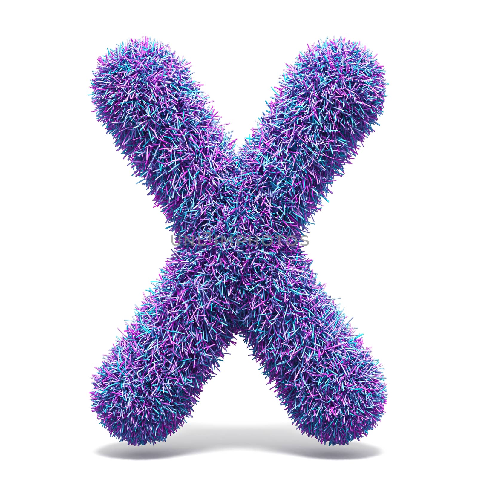 Purple faux fur LETTER X 3D render illustration isolated on white background