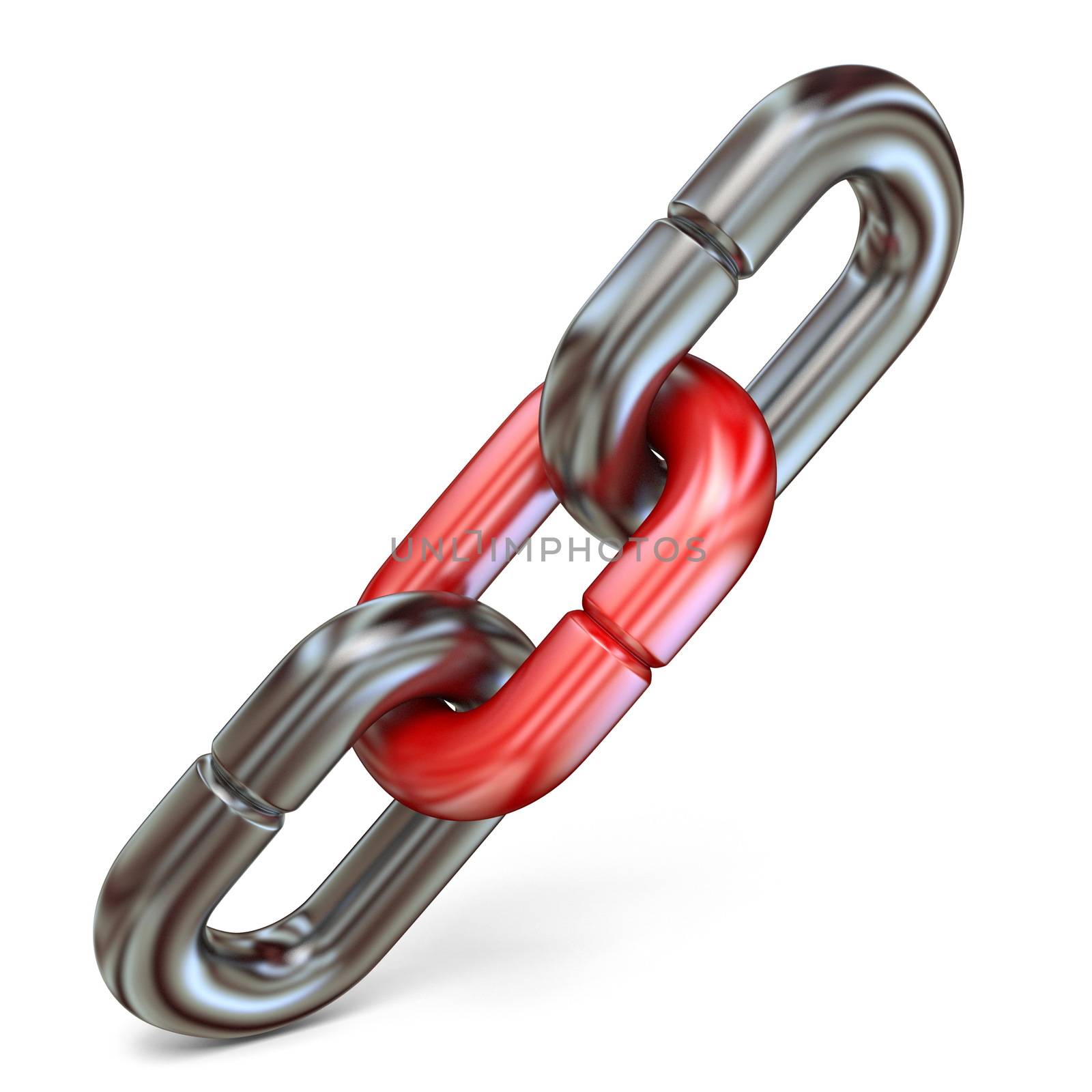 Red chain link connect two metal chain links 3D rendering illustration isolated on white background