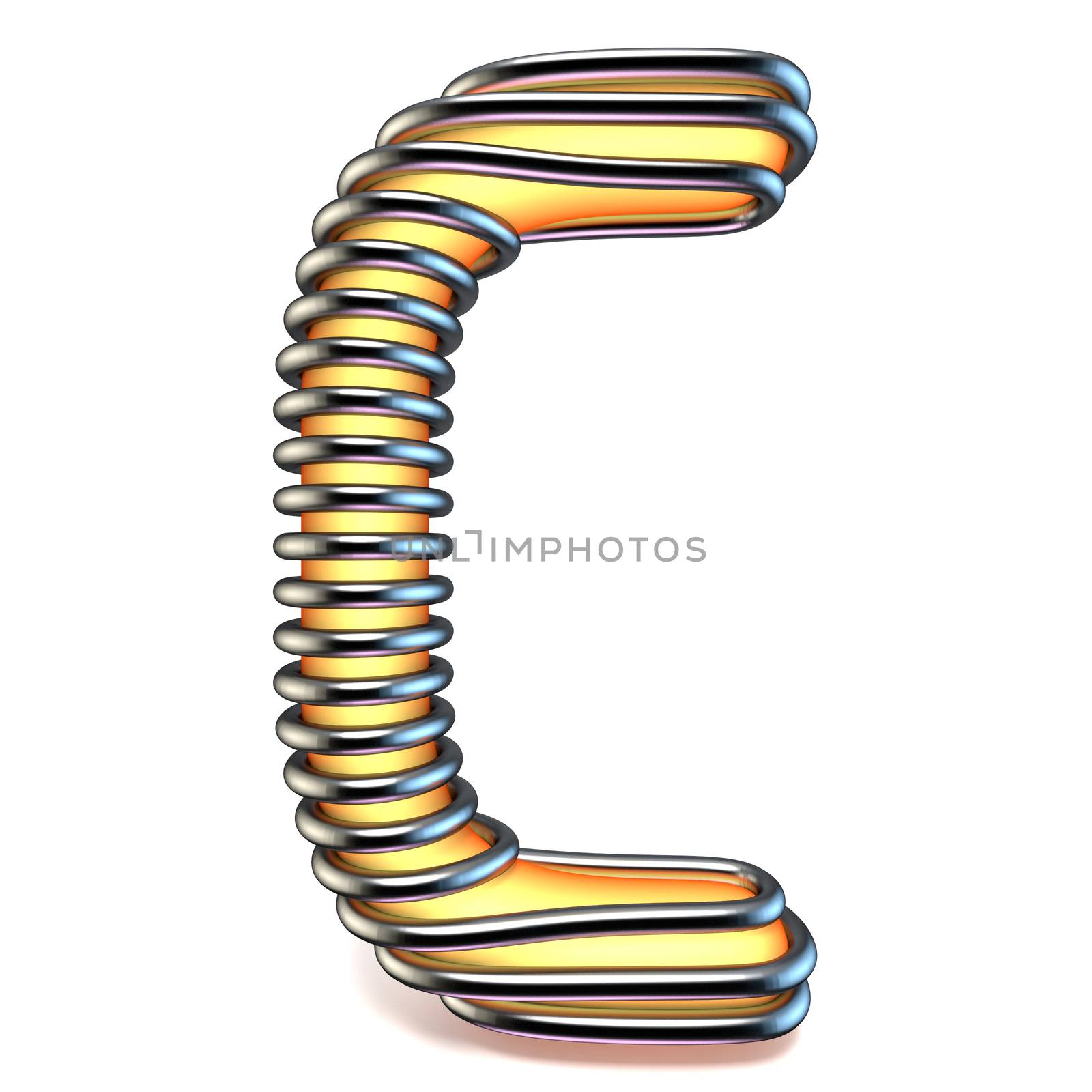 Orange yellow letter C in metal cage 3D render illustration isolated on white background