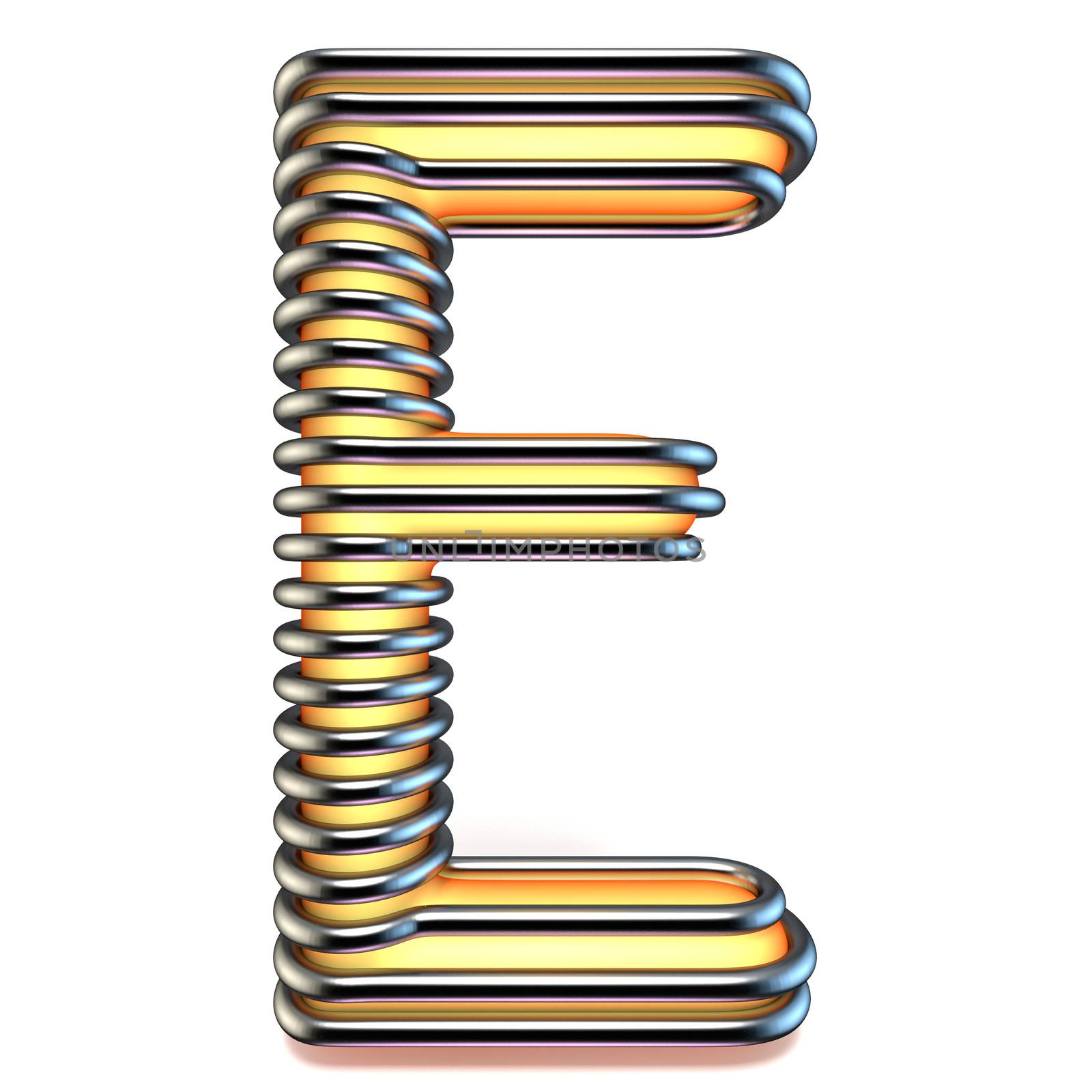 Orange yellow letter E in metal cage 3D render illustration isolated on white background