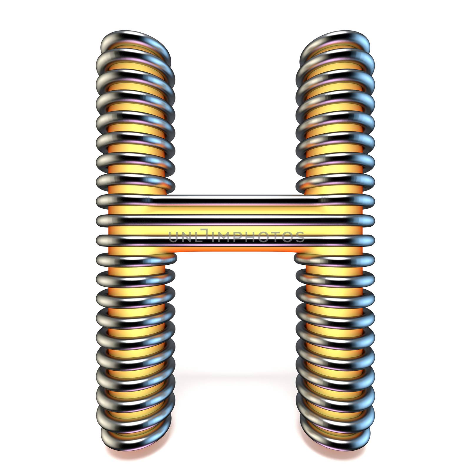 Orange yellow letter H in metal cage 3D render illustration isolated on white background