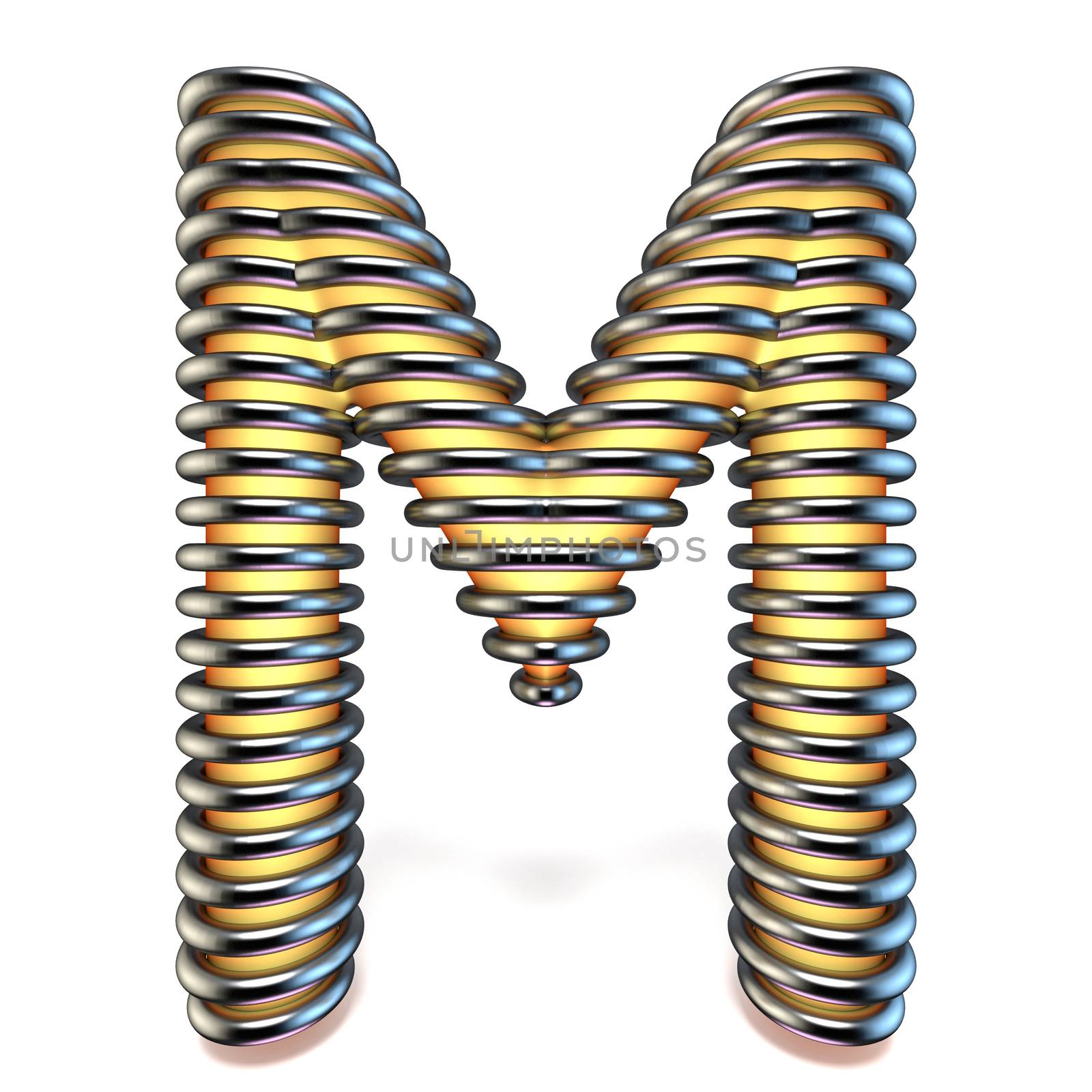 Orange yellow letter M in metal cage 3D render illustration isolated on white background
