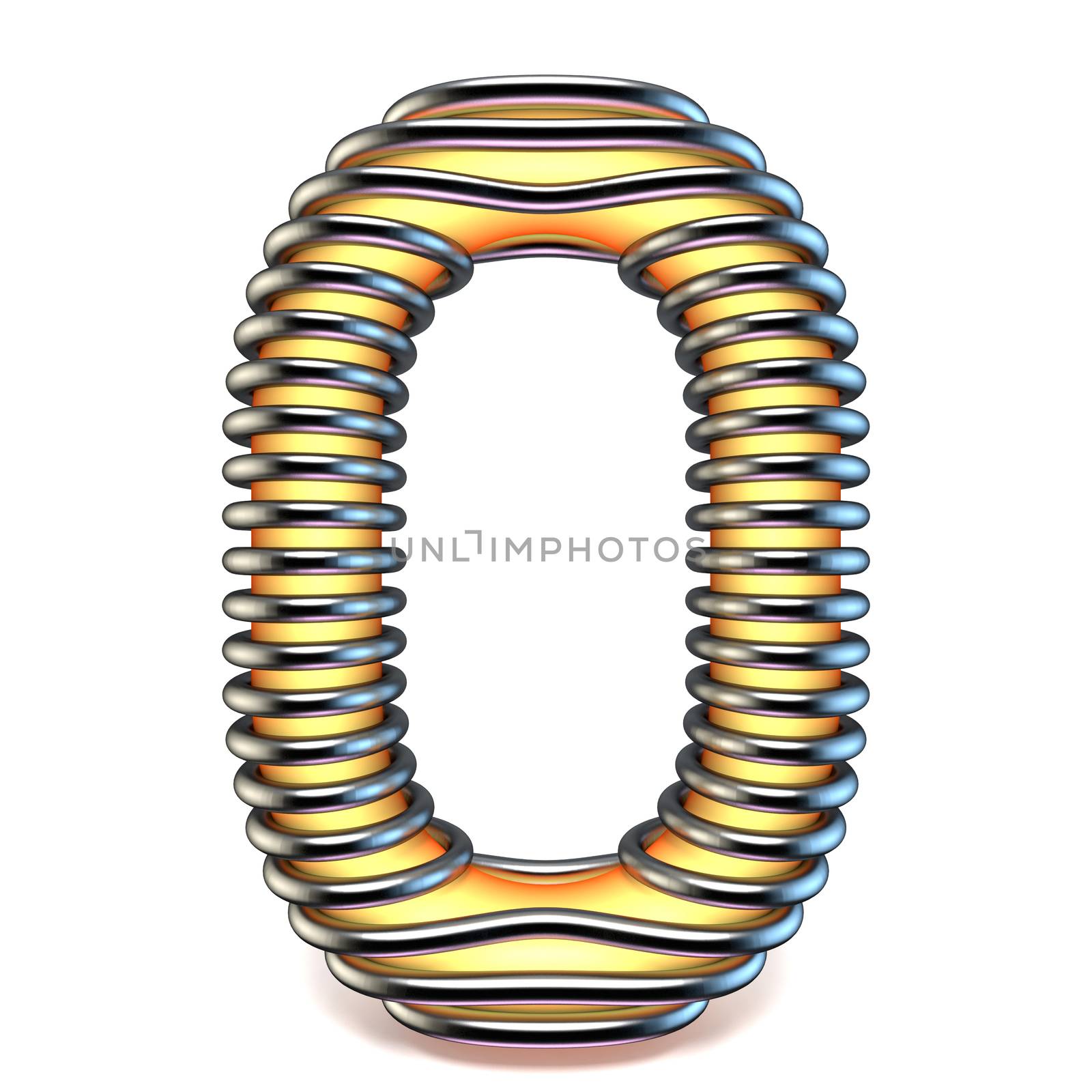 Orange yellow letter O in metal cage 3D render illustration isolated on white background