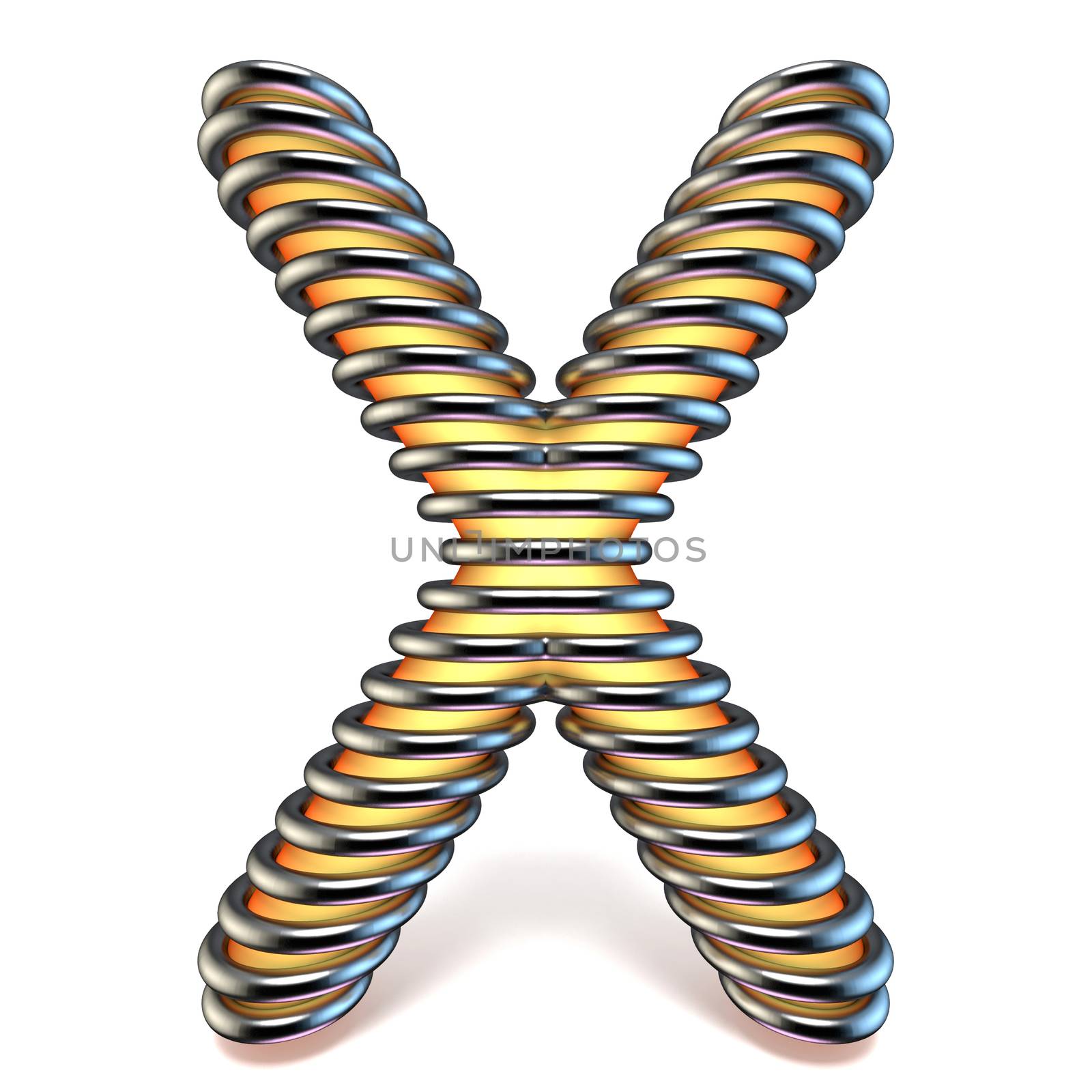 Orange yellow letter X in metal cage 3D render illustration isolated on white background