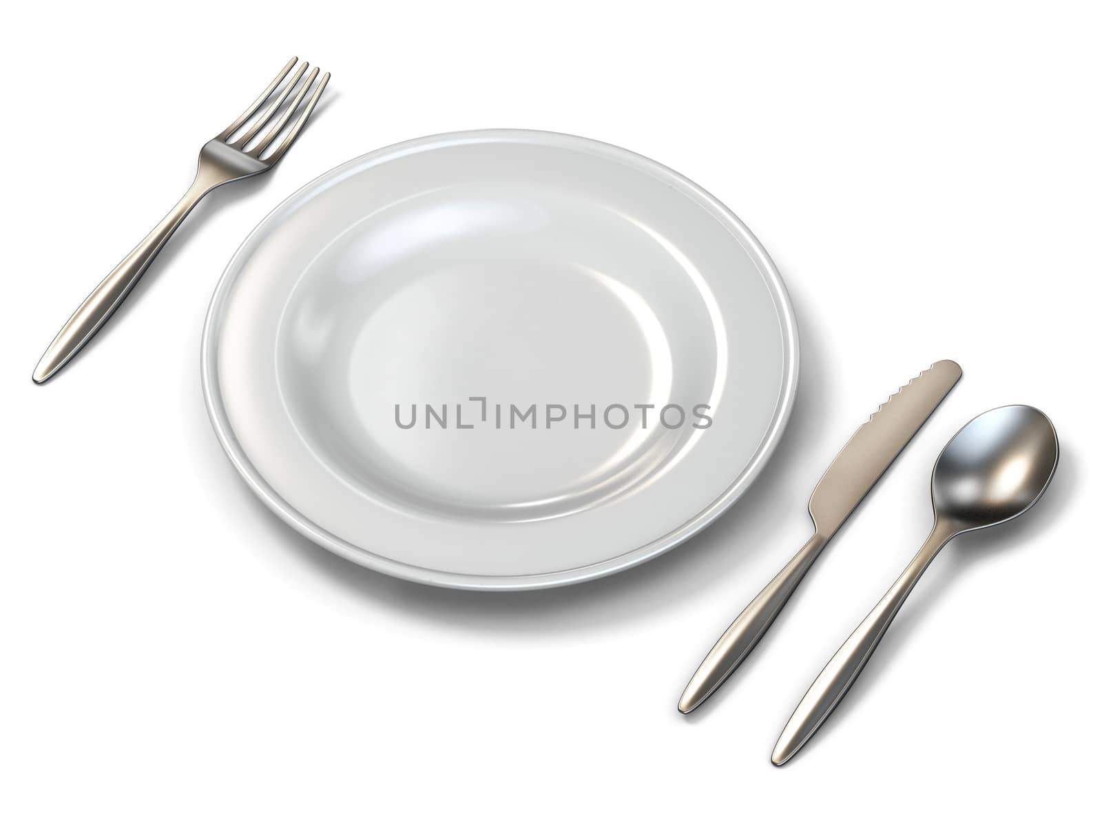 Plate, fork, knife and spoon side view 3D rendering illustration isolated on white background