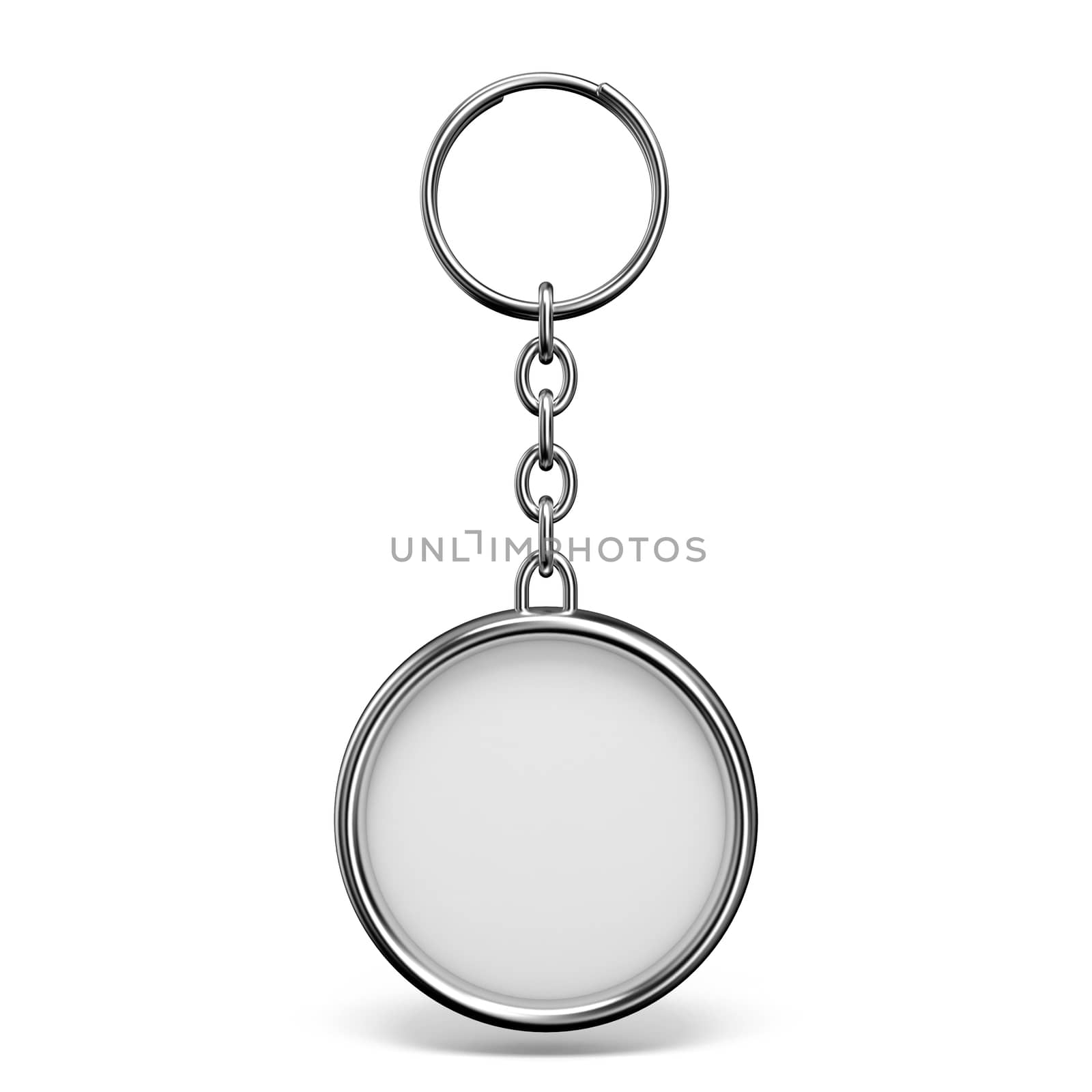 Blank metal trinket with a ring for a key circle shape 3D rendering illustration isolated on white background