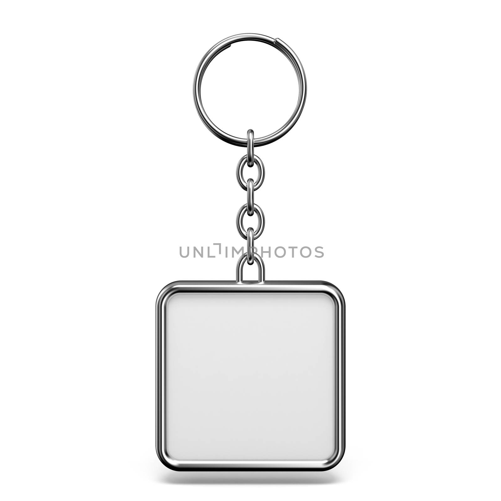 Blank metal trinket with a ring for a key square shape 3D  rendering illustration isolated on white background