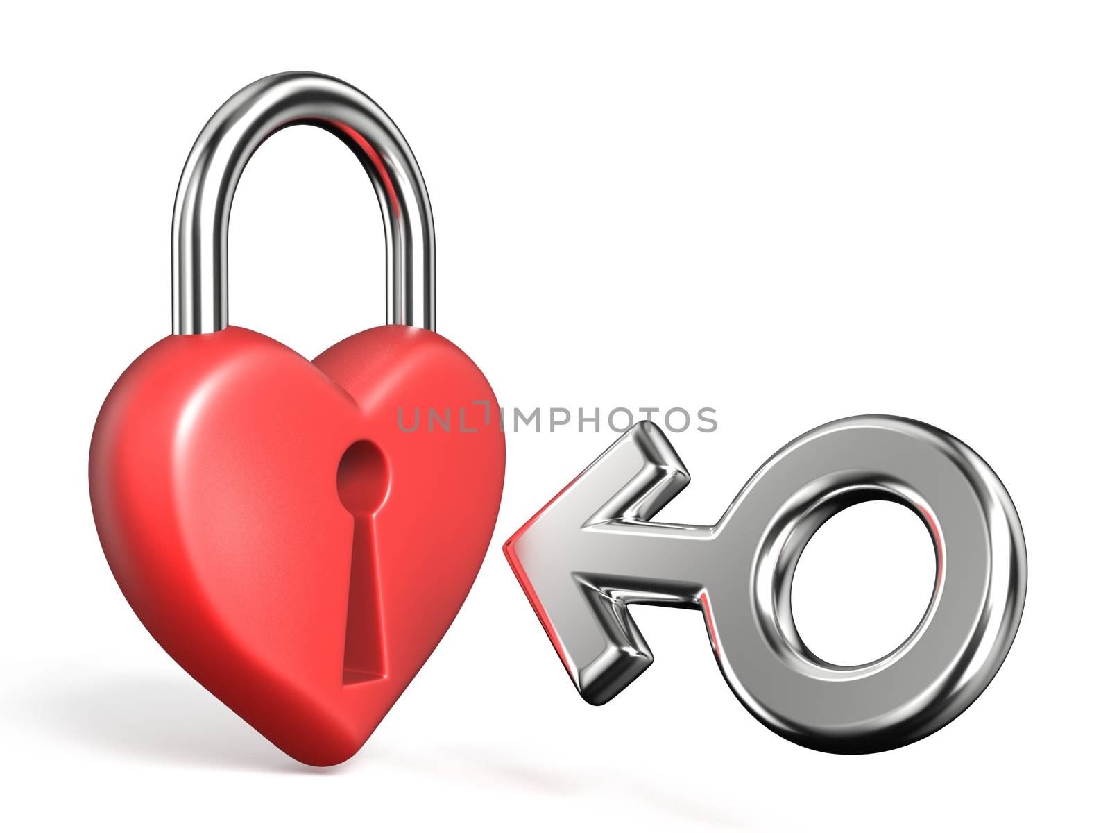 Heart shaped padlock and male sign 3D rendering illustration isolated on white background