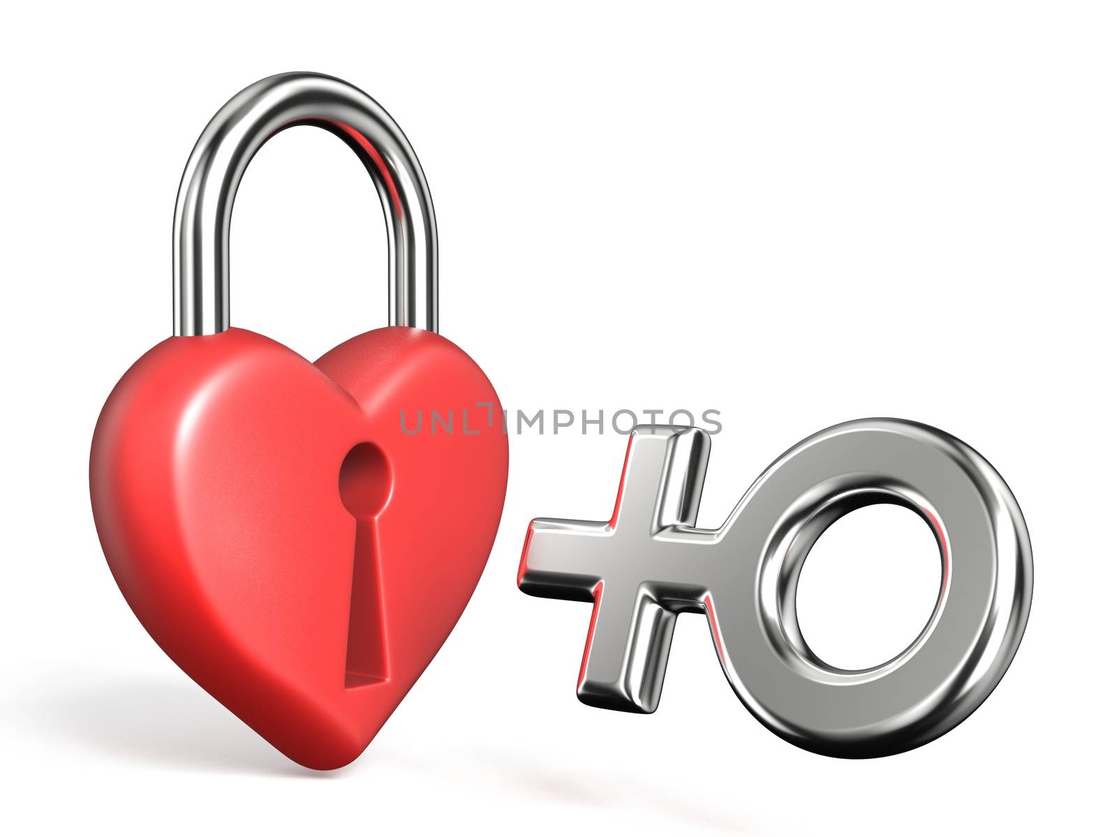 Heart shaped padlock and female sign 3D rendering illustration isolated on white background