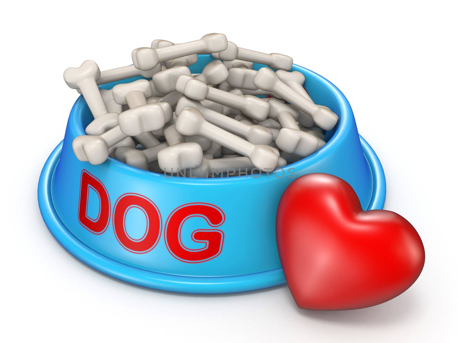 Dog food bowl and red heart 3D rendering illustration isolated on white background