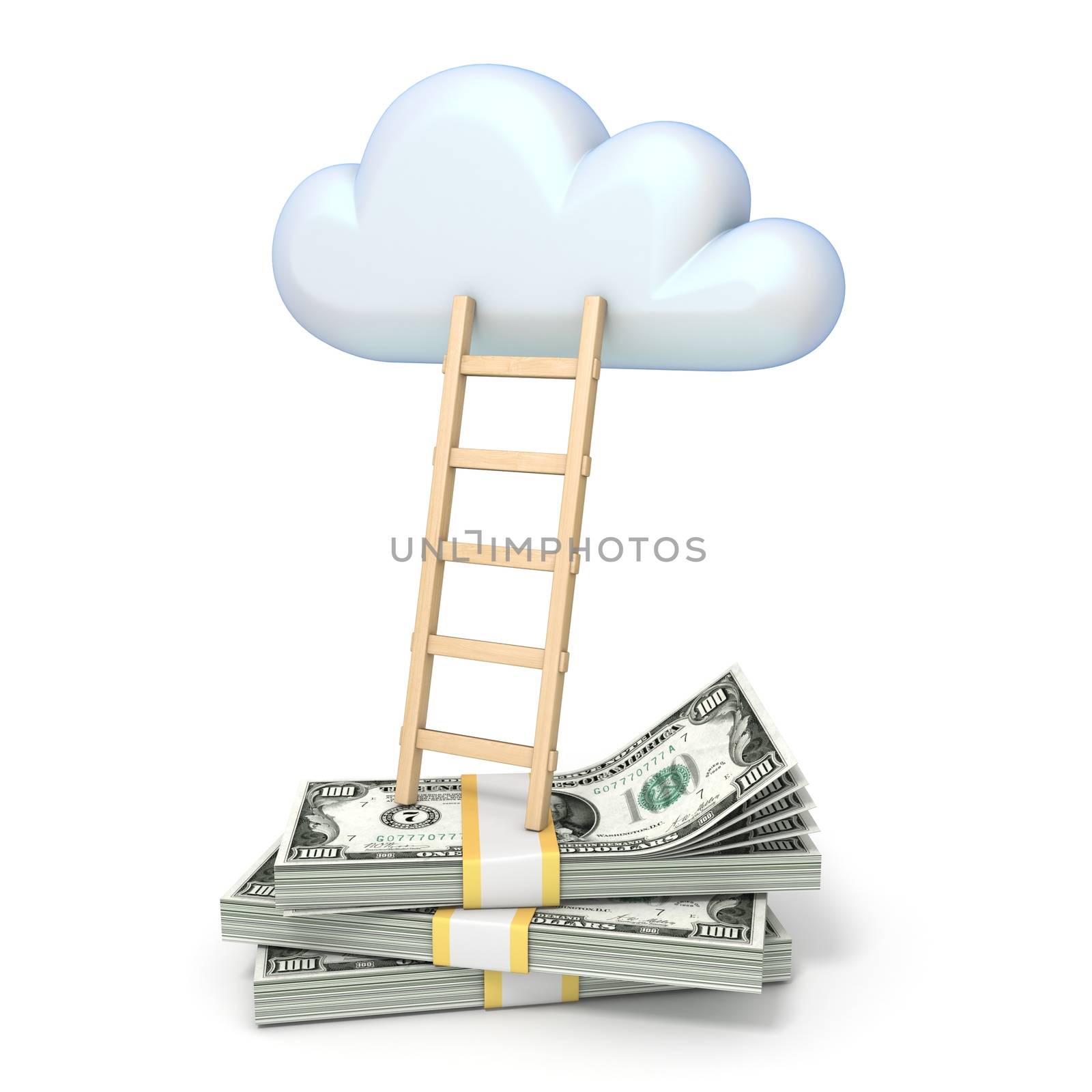 Cloud shape and ladder over dollars banknotes 3D rendering illustration isolated on white background