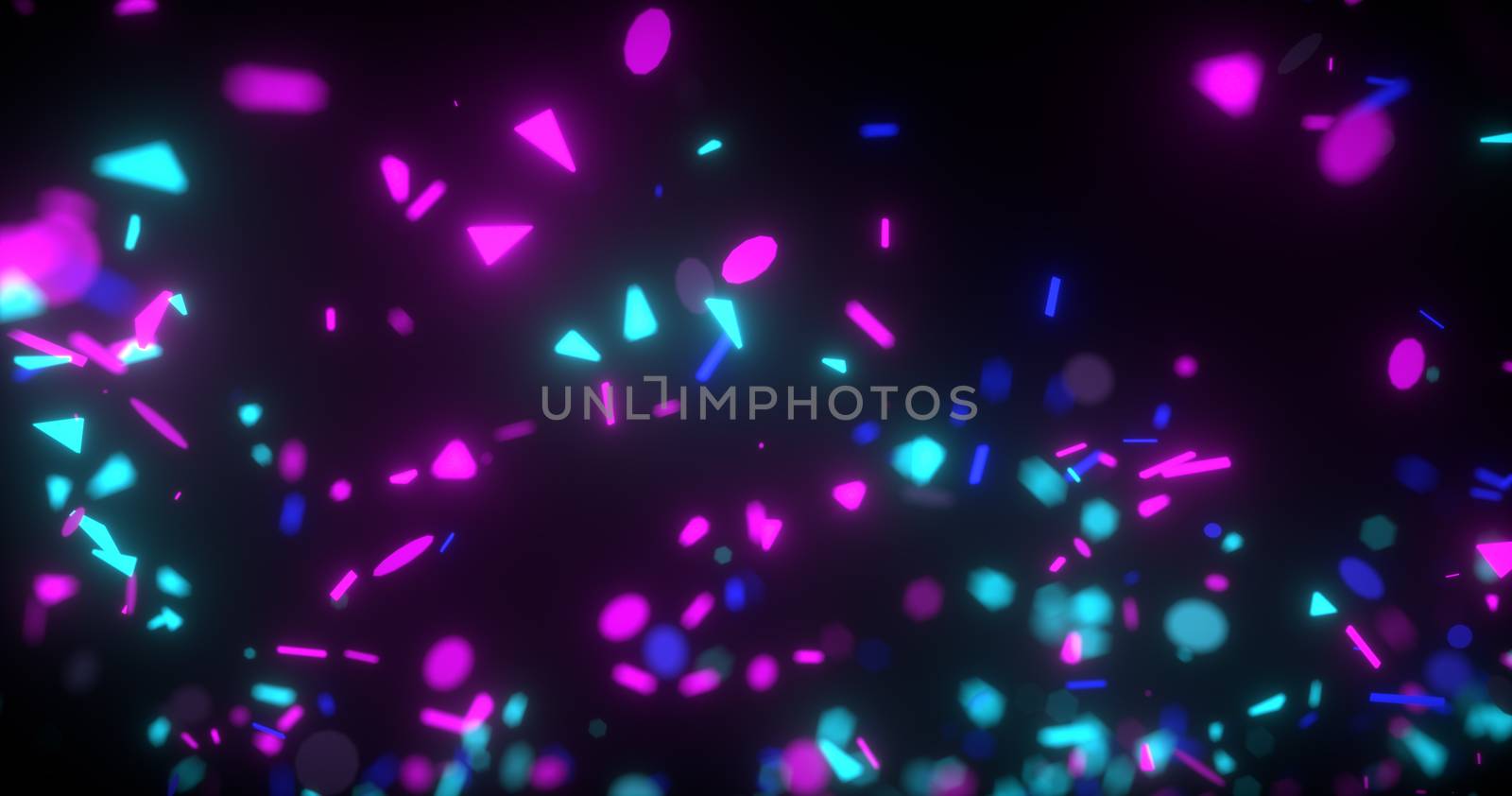 Abstract neon 3d rendered background. Geometrical elements and particles fly on black. Colorful concept for night party poster