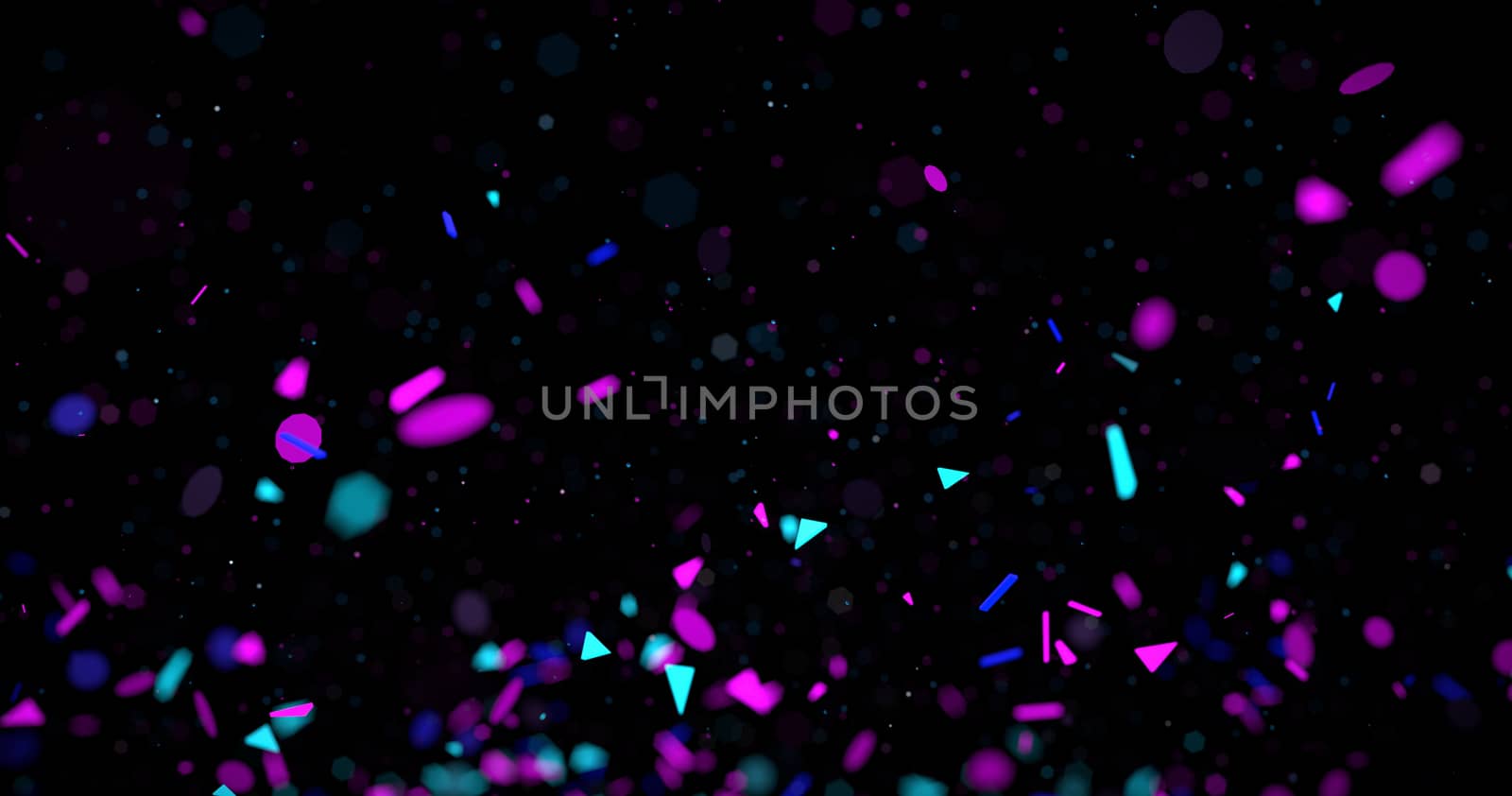 Abstract neon 3d rendered background. Geometrical elements and particles fly on black. Colorful concept for night party poster