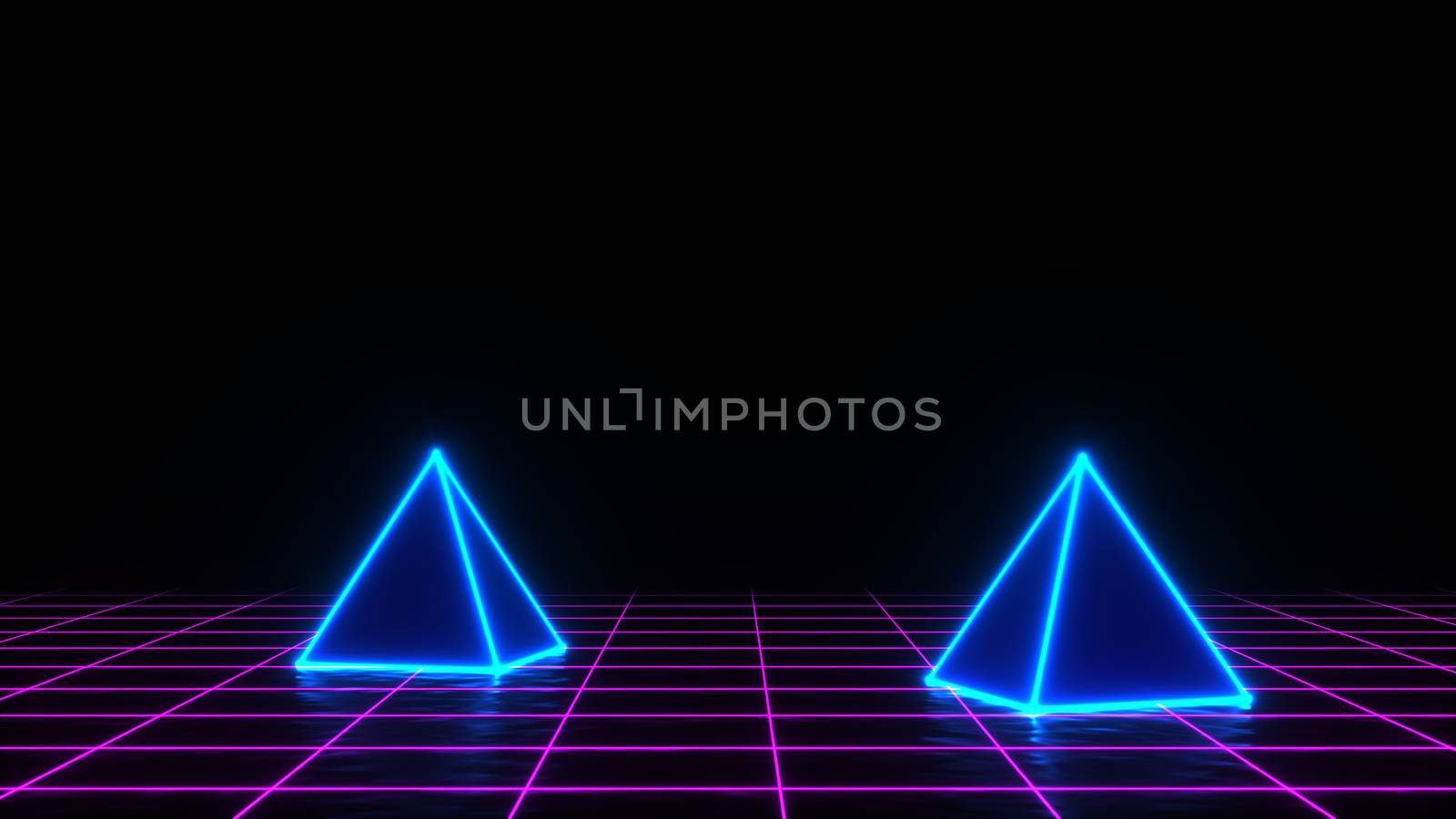 3d render of neon pyramid on grid background. Banner design. Retrowave, synthwave, vaporwave illustration.