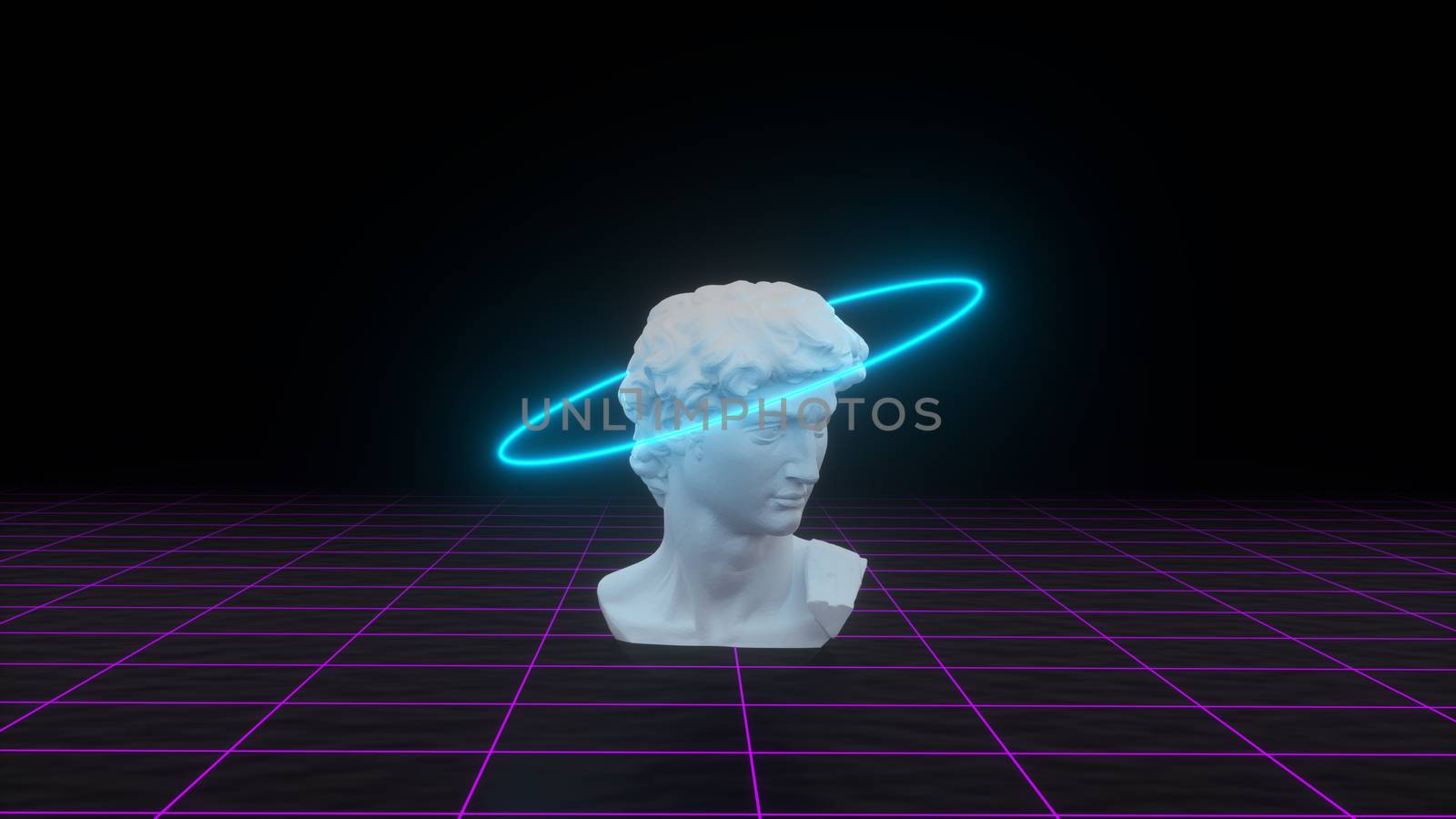 Abstract David's bust with neon gloving light on grid background. Banner design. Retrowave, synthwave, vaporwave illustration. Party and sales concept. 3d render by Shanvood