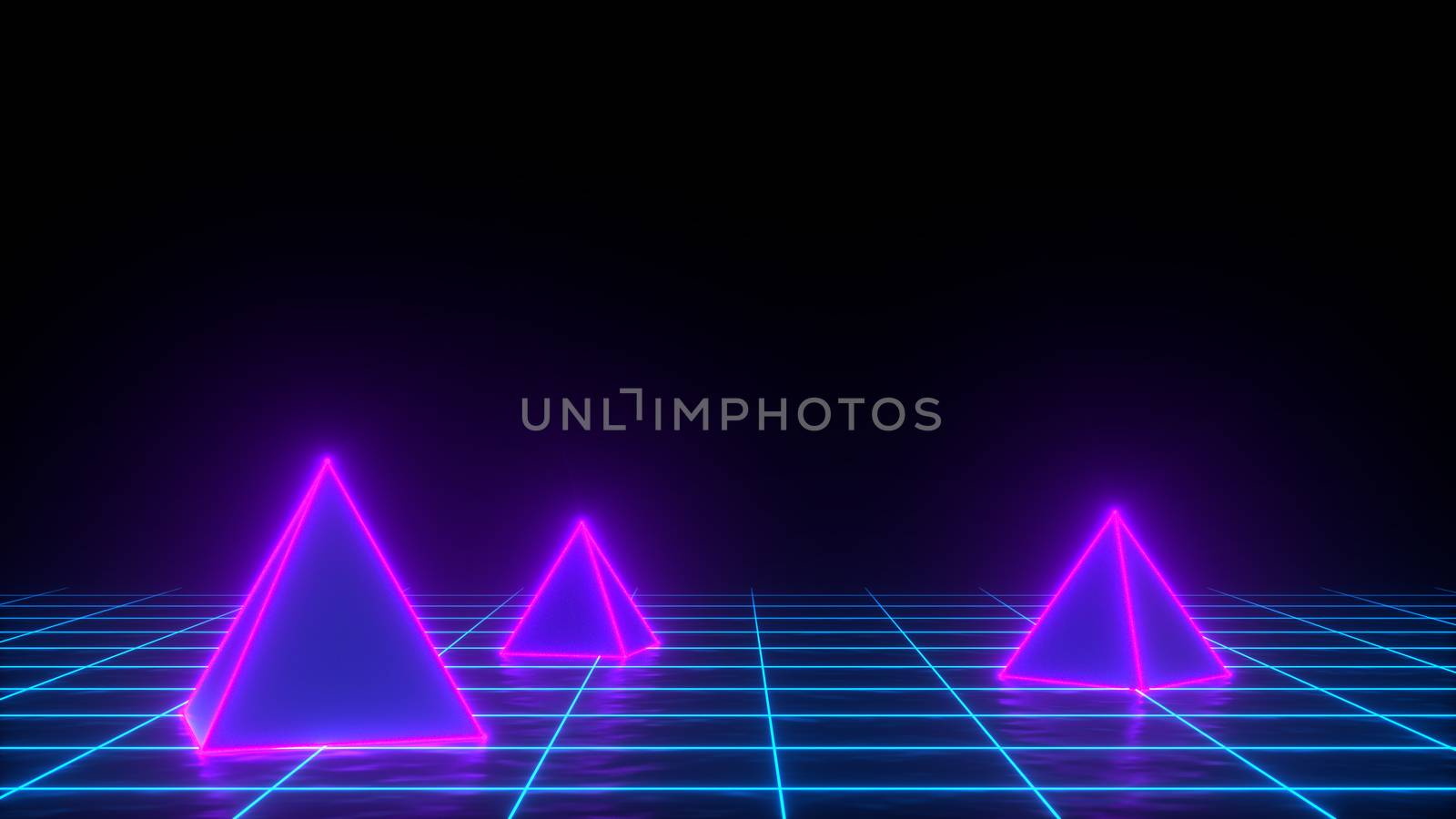 3d render of neon pyramid on grid background. Banner design. Retrowave, synthwave, vaporwave illustration. Party and sales concept by Shanvood