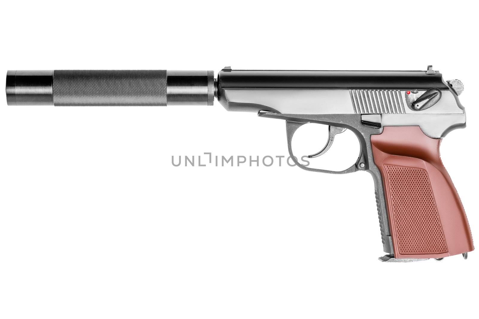 gun close up on white background weapon with silencer by kosmsos111