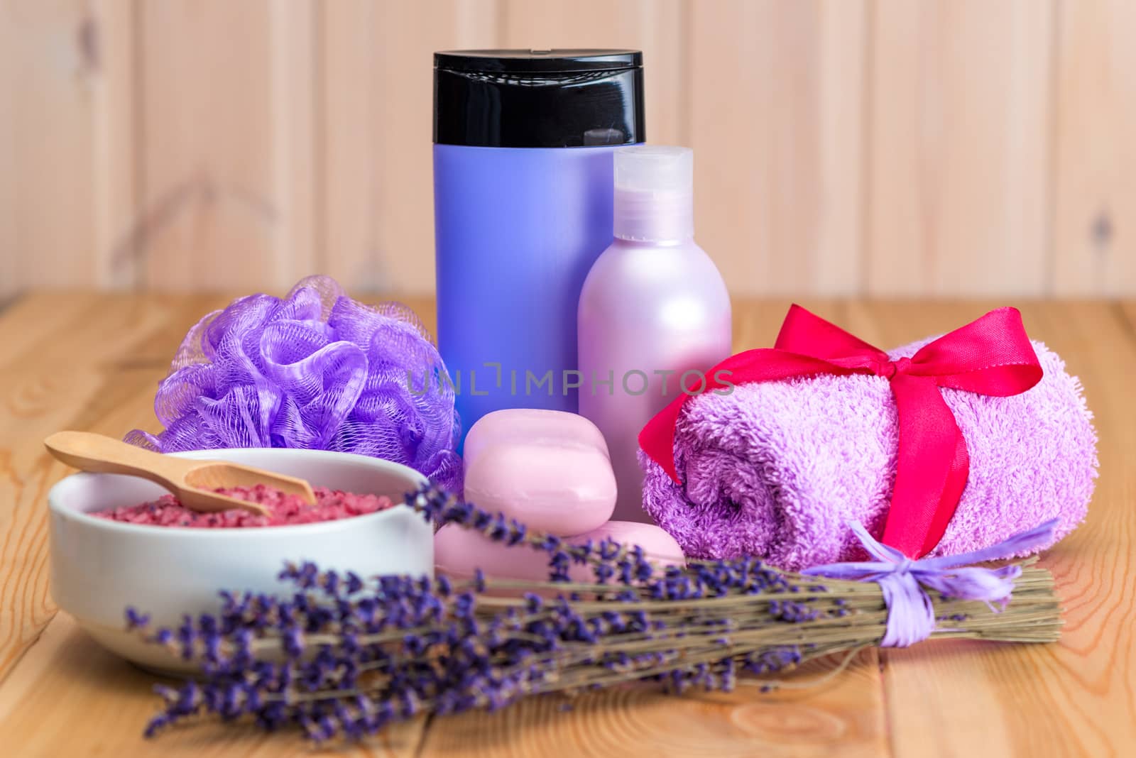 set of spa treatments with natural lavender still life close-up by kosmsos111