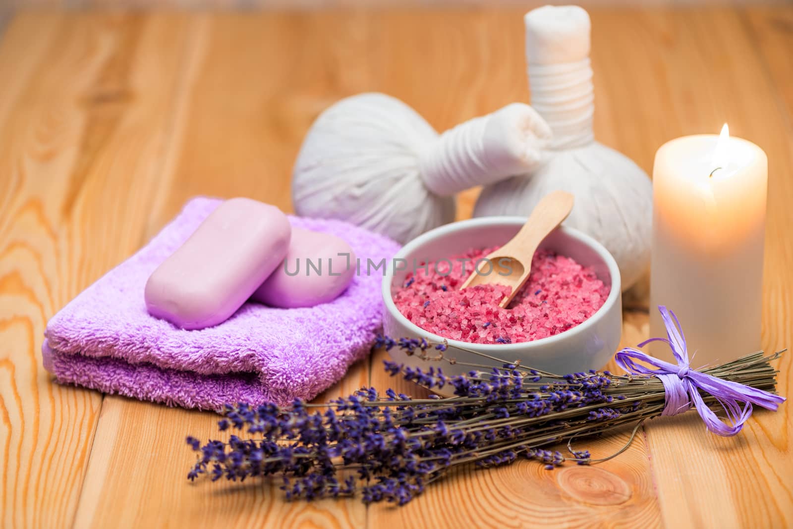 massage and spa objects with lavender, burning candle for relax objects close up