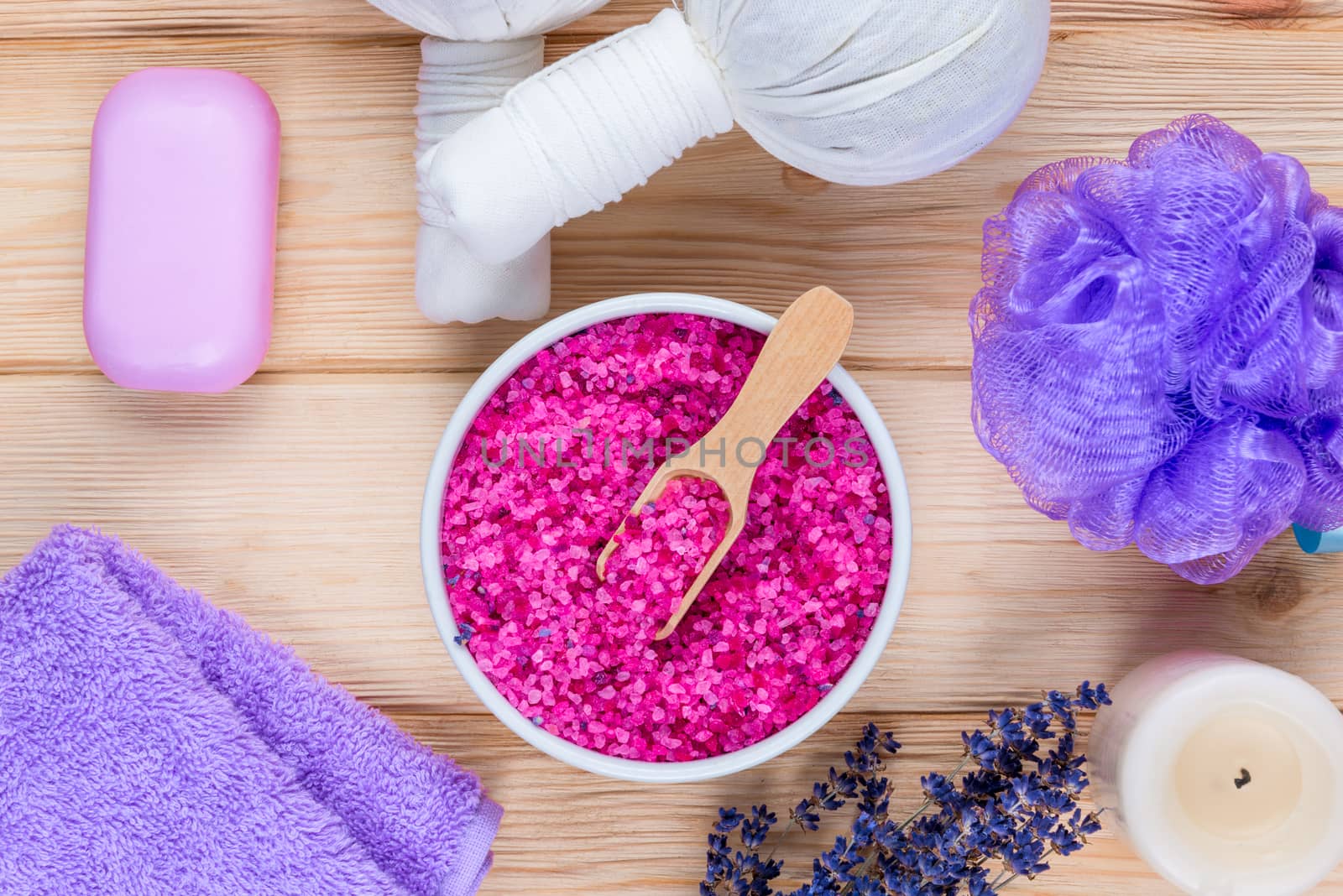 spa objects with soothing lavender on wooden boards flat lay