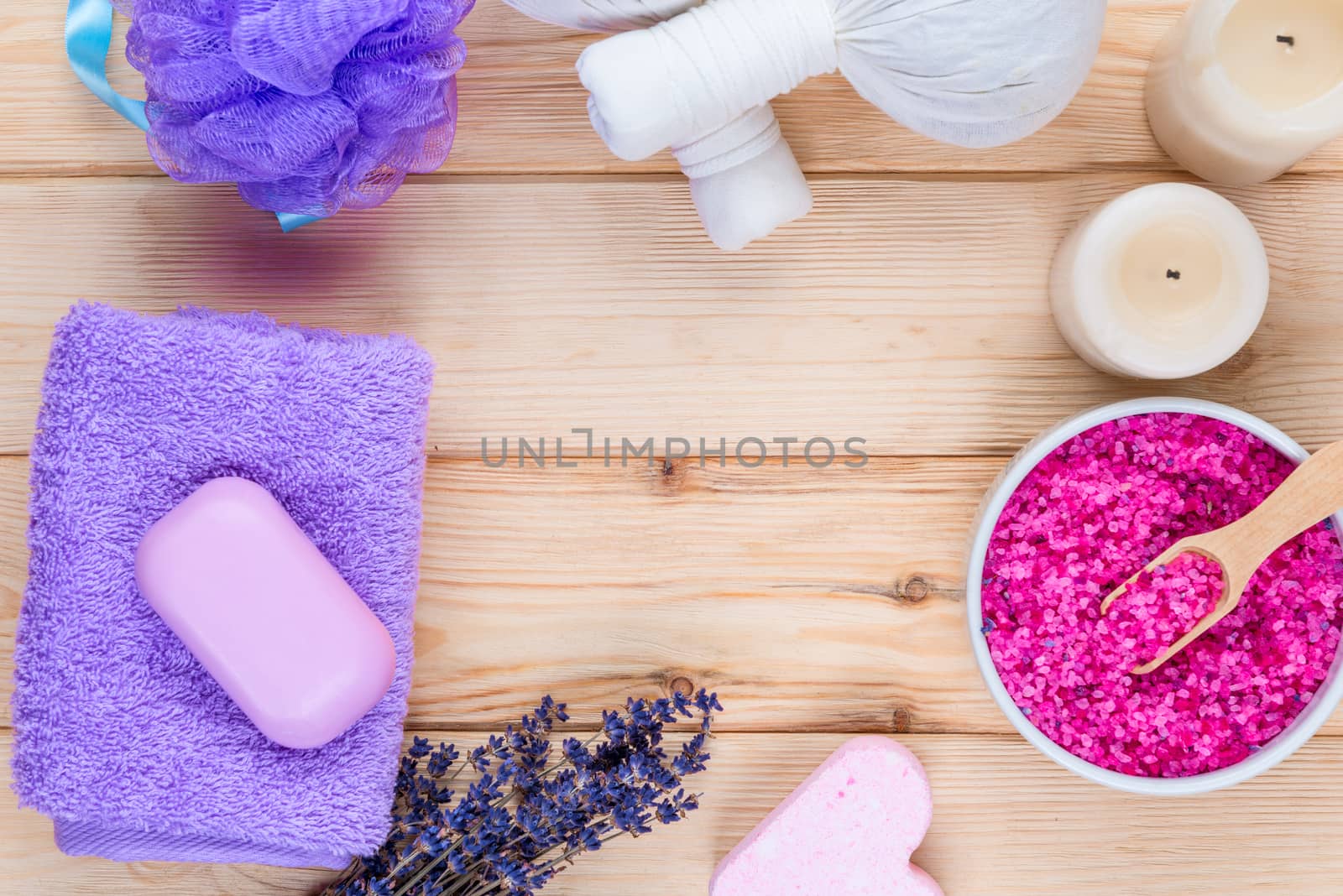 concept photo - lavender objects for spa, massage and relaxation top view