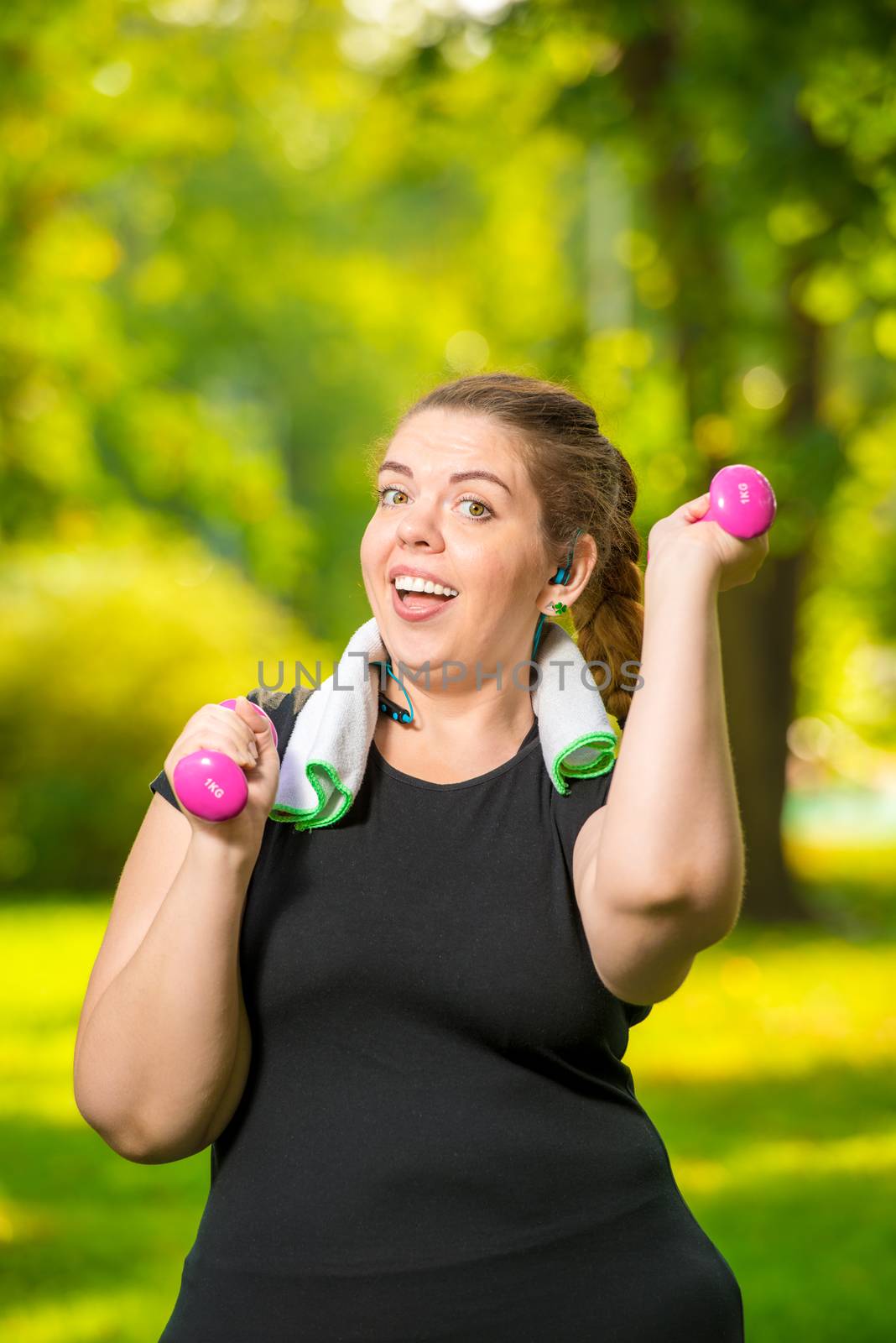happy fat woman doing her exercise in the park, exercise with du by kosmsos111