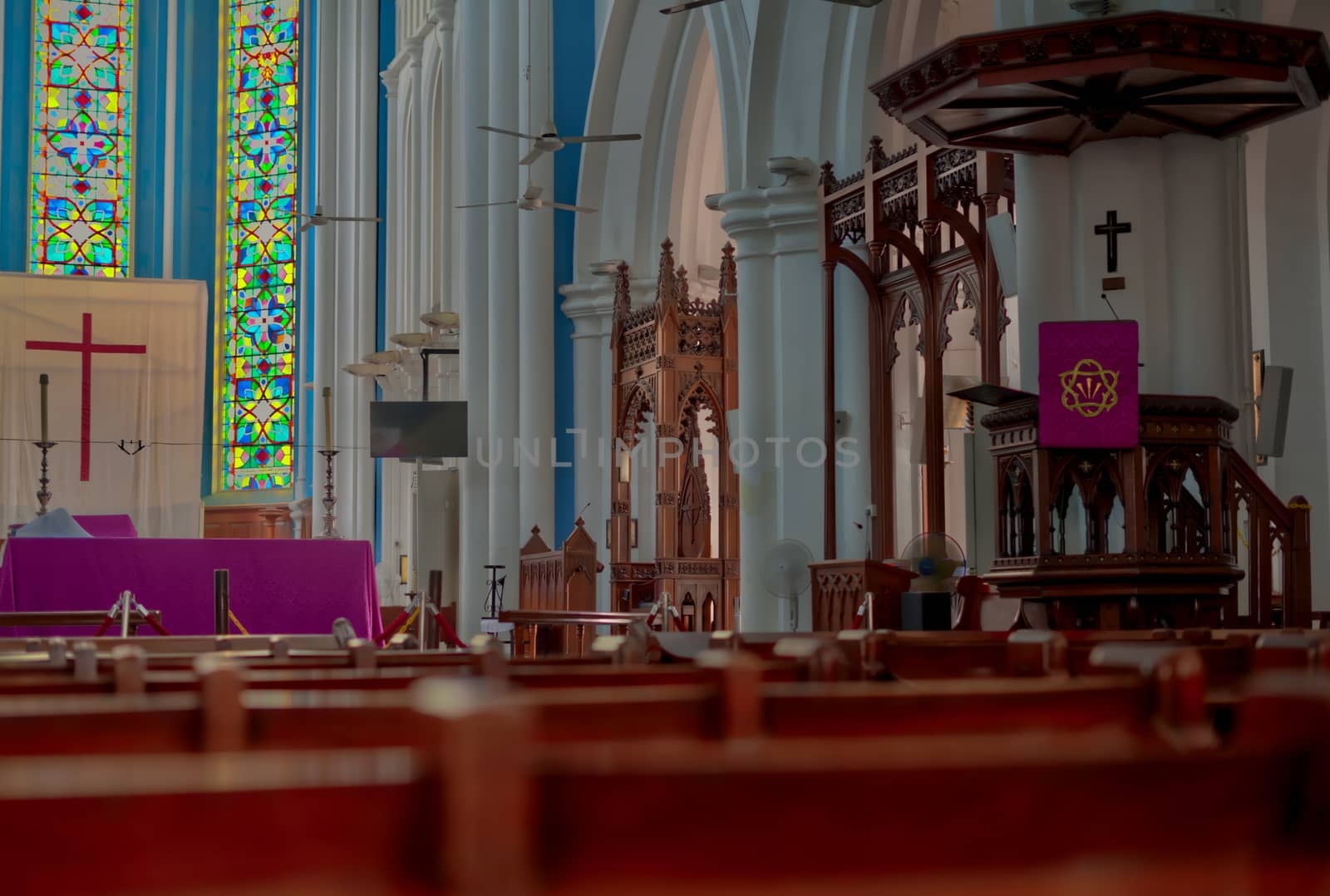Saint Andrew s Anglican Cathedral Singapore of Gothic Revival style choir stained glass ambulatory chapel wooden pulpit fans benches