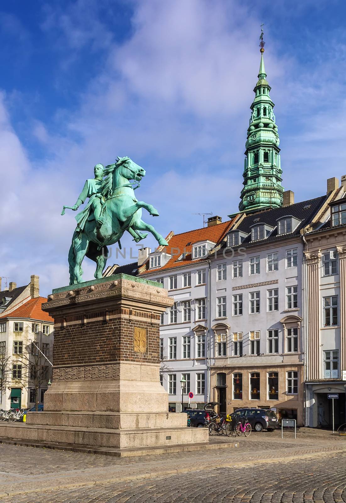 The equestrian statue of Absalon was designed by Vilhelm Bissen on Hojbro Square in Copenhagen