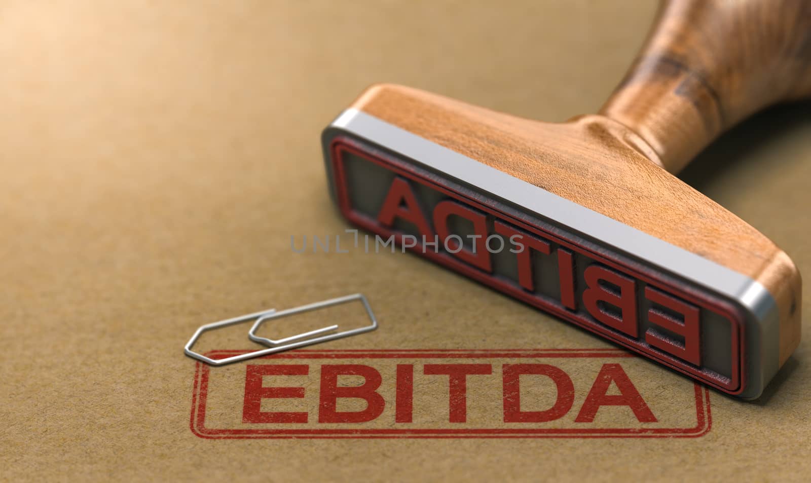 3D illustration of a rubber stamp with the acronym ebitda stamped on brown paper. Financial indicator Concept.