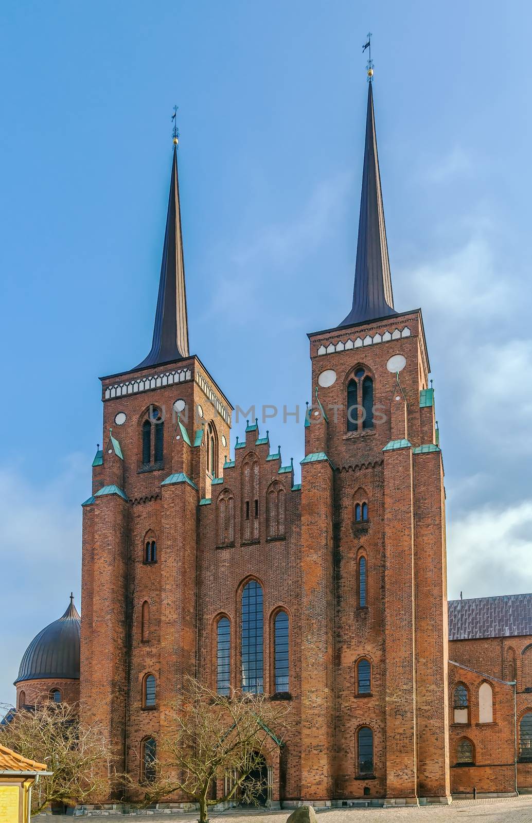 Roskilde Cathedral is a cathedral of the Lutheran Church of Denmark.  The first Gothic cathedral to be built of brick, it encouraged the spread of the Brick Gothic style throughout Northern Europe.
