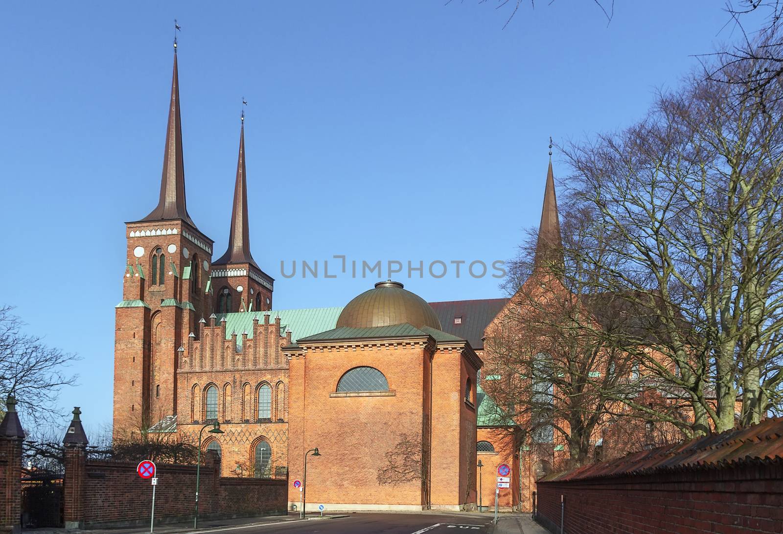 Roskilde Cathedral is a cathedral of the Lutheran Church of Denmark.  The first Gothic cathedral to be built of brick, it encouraged the spread of the Brick Gothic style throughout Northern Europe.