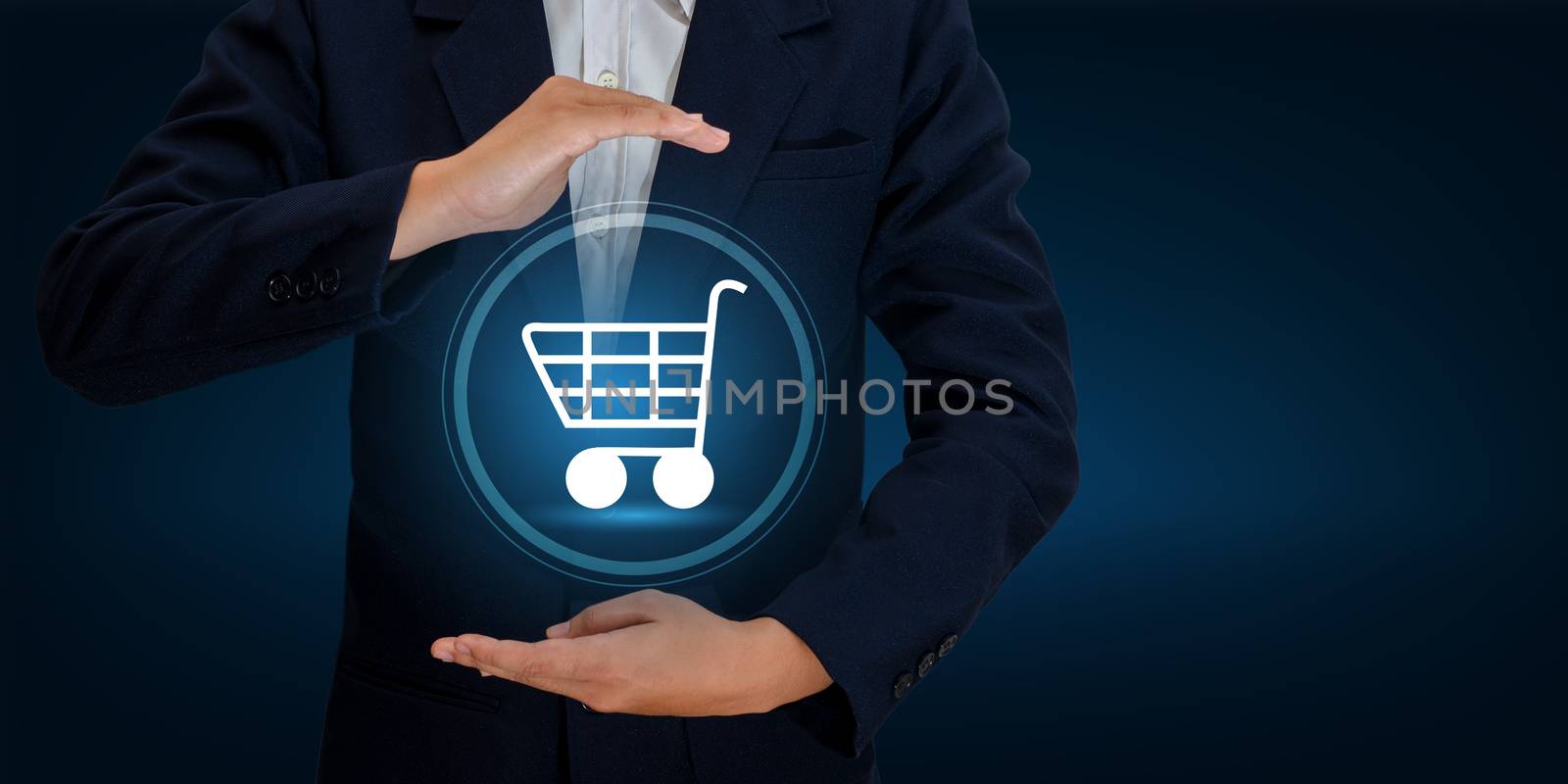hand businessman Cart Shopping technology world digital Shopping order transactions on the internet  Trading on the world online pay dept. Blue tone by sarayut_thaneerat