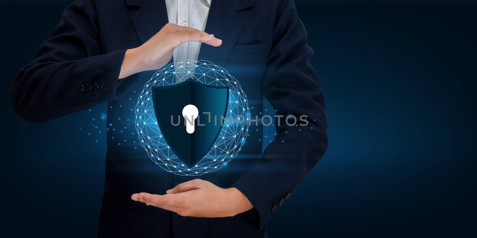 Earth polygon mesh planet World Businessmen shake hands to protect information in cyberspace. Businessman holding shield protect icon protection network security computer and safe your data concept by sarayut_thaneerat