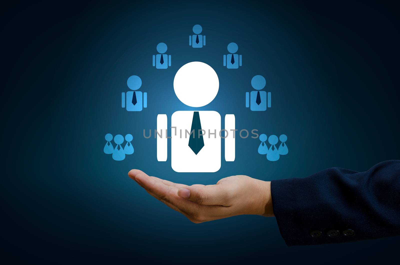 hand businessman human resource management and recruitment business  human resources CRM officer looking for employee represented by icon Gender discrimination in employees selection. blue background.
