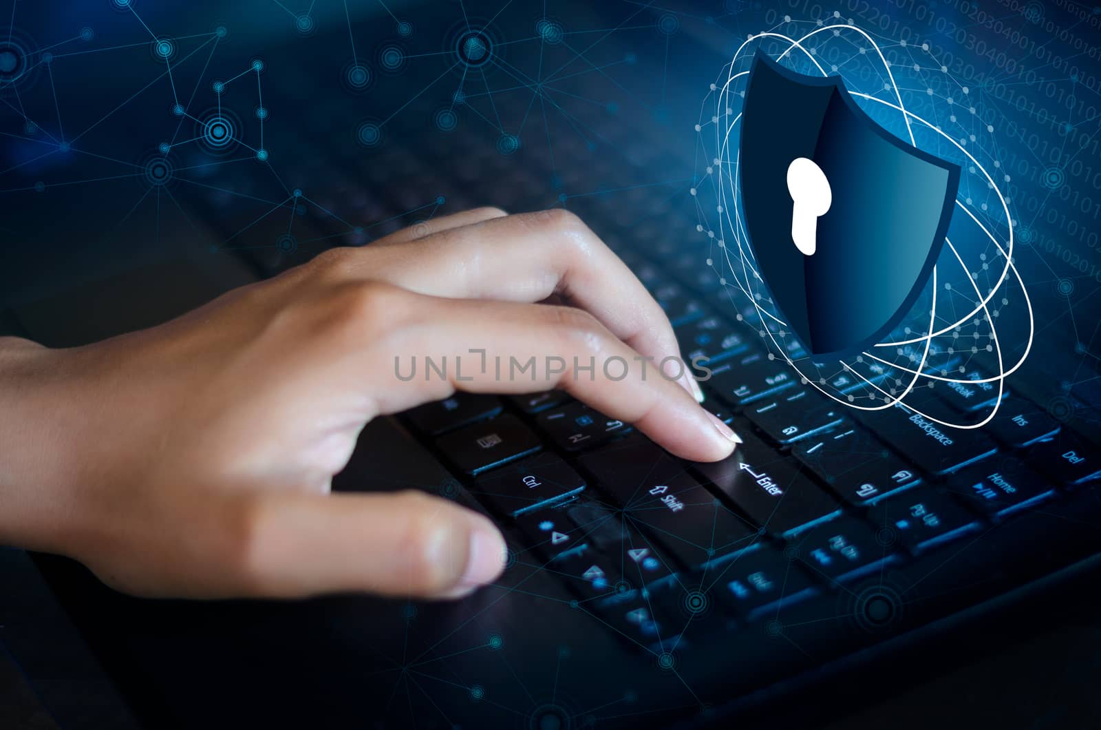 Press enter button on the keyboard computer Shield cyber Key lock security system abstract technology world digital link cyber security on hi tech Dark blue background, Enter password to log in. lock finger Keyboard by sarayut_thaneerat