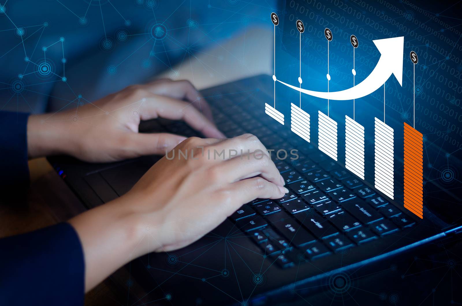 Hand print keyboard Stock chart Researching process.business Team Working Startup modern office man typing Keyboard Laptop global strategy virtual Icon.Innovation graphs Interfaces. by sarayut_thaneerat