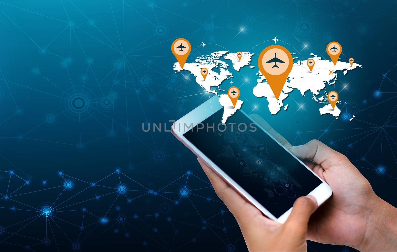 Smart Phones and Globe Connections Uncommon communication world Internet Businesspeople press the phone to communicate in the Internet. Communications, logistics, world maps and aircraft